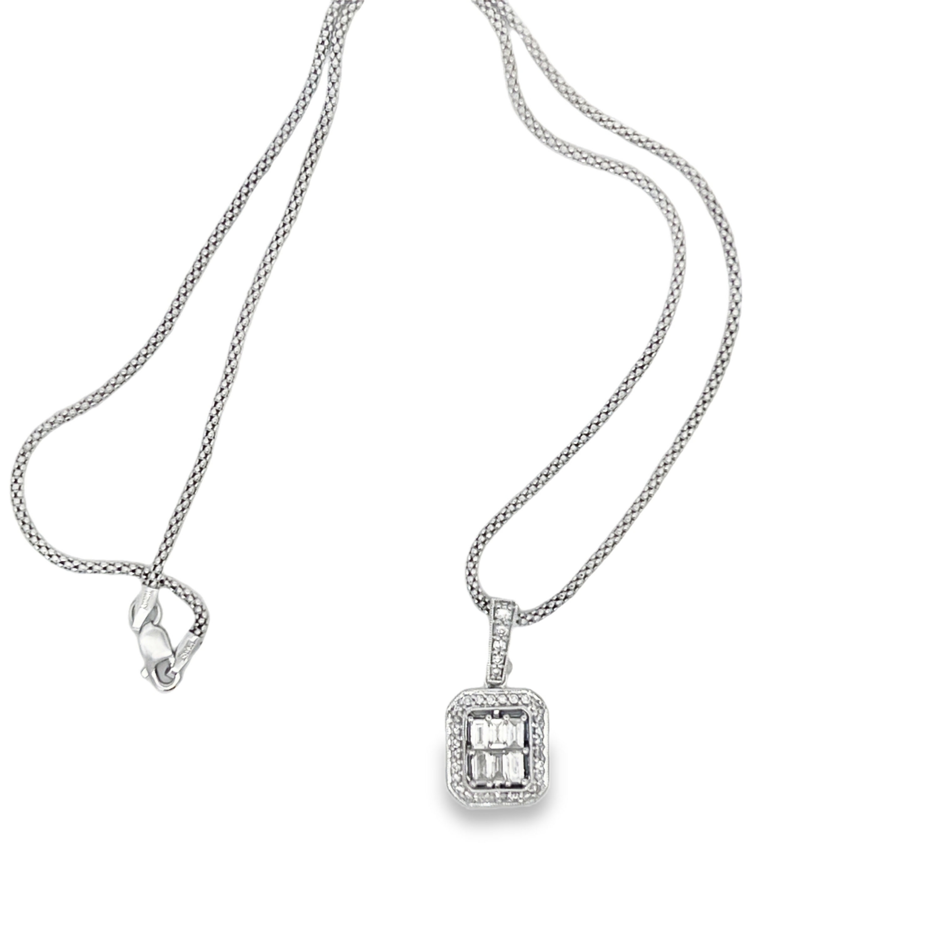 Estate 18K White Gold Baguette & Round Diamond Cluster Pendant Necklace