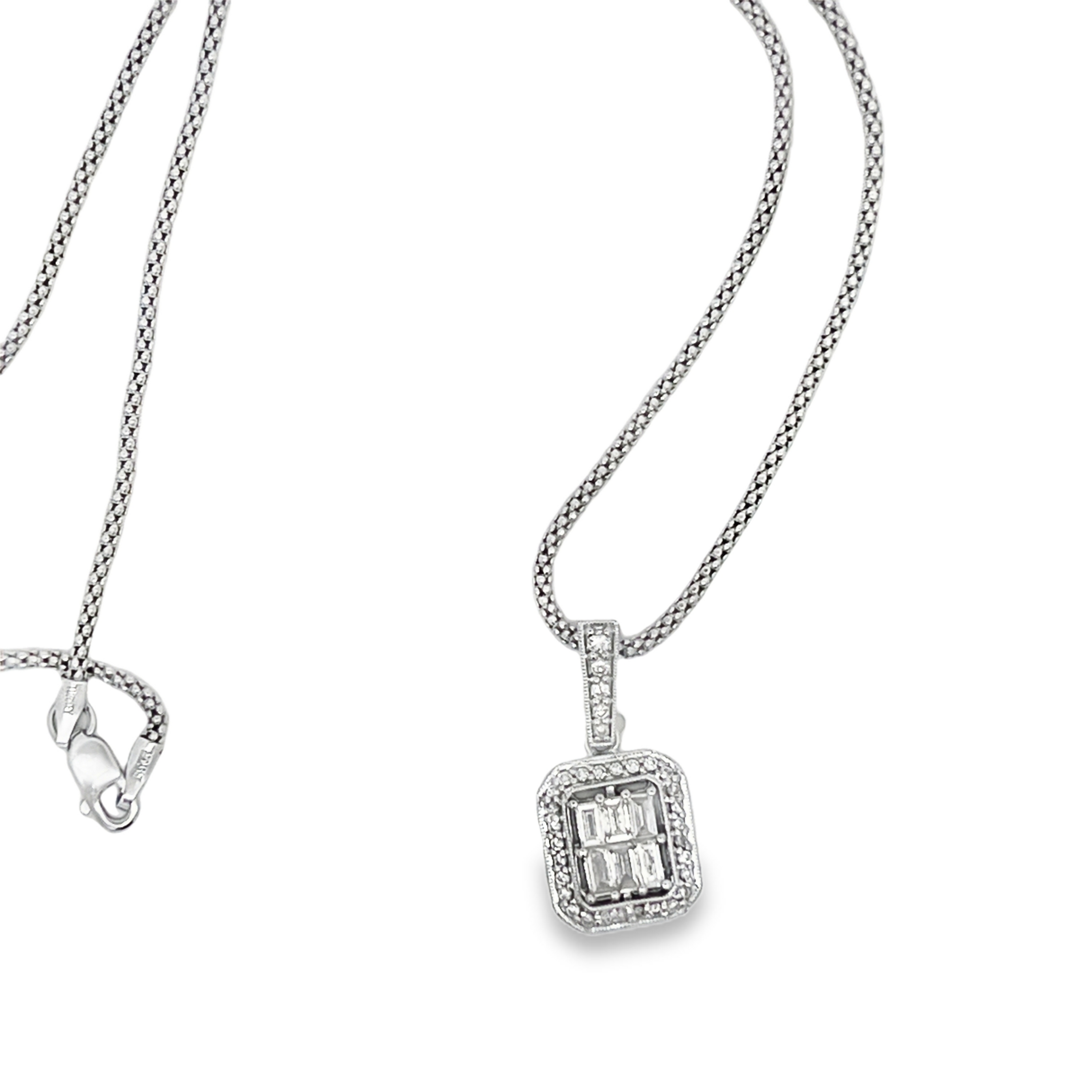 Estate 18K White Gold Baguette & Round Diamond Cluster Pendant Necklace