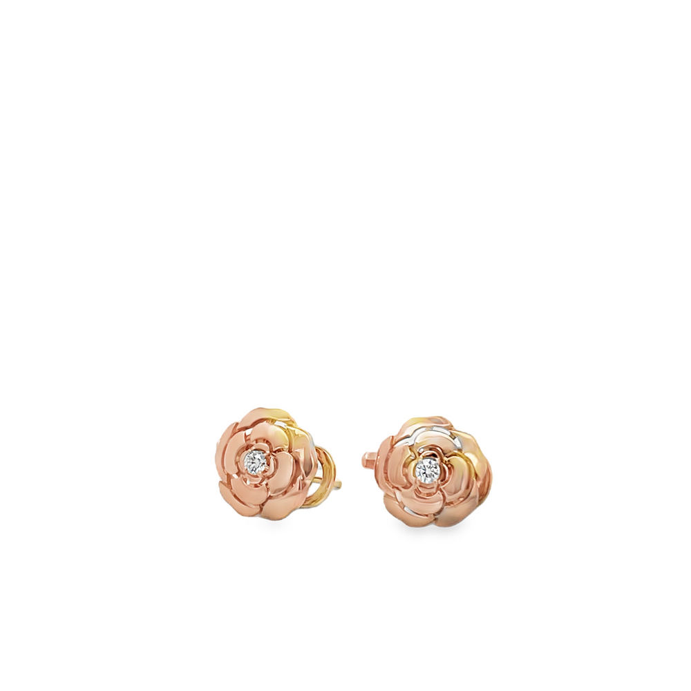 Estate 18K Rose Gold CHANEL Camélia Flower Diamond Stud Earrings