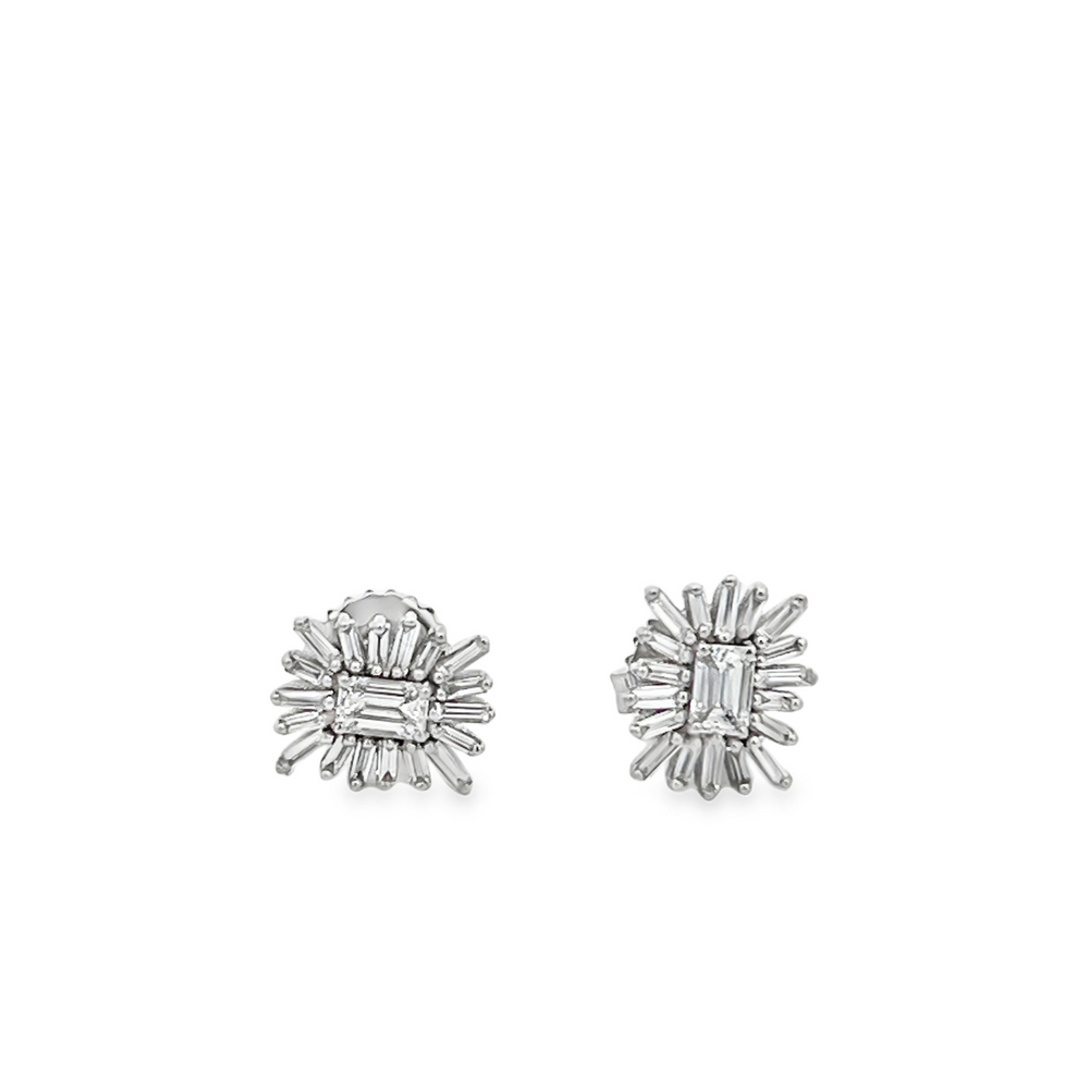 Estate 18K White Gold Baguette Diamond Starburst Stud Earrings