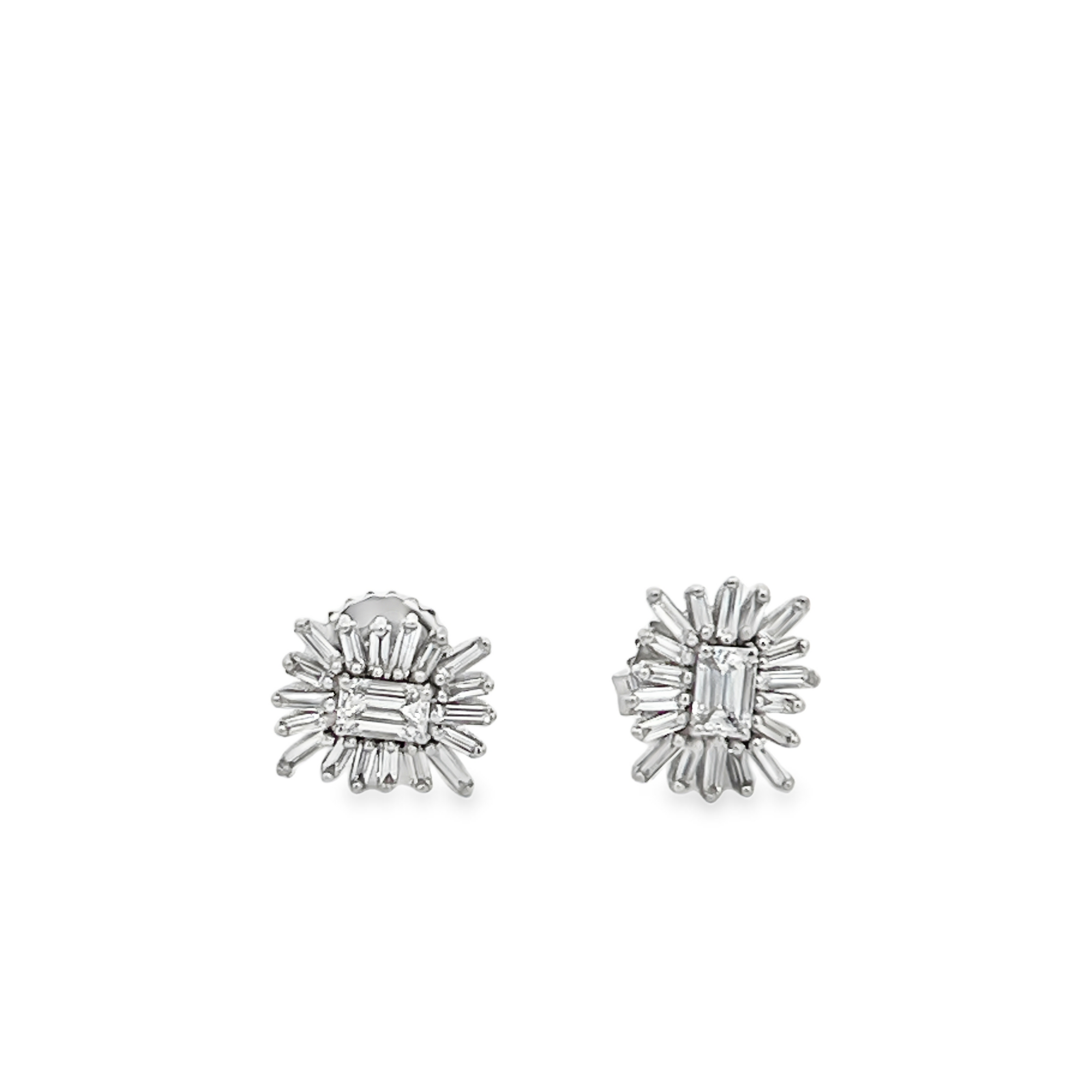 Estate 18K White Gold Baguette Diamond Starburst Stud Earrings