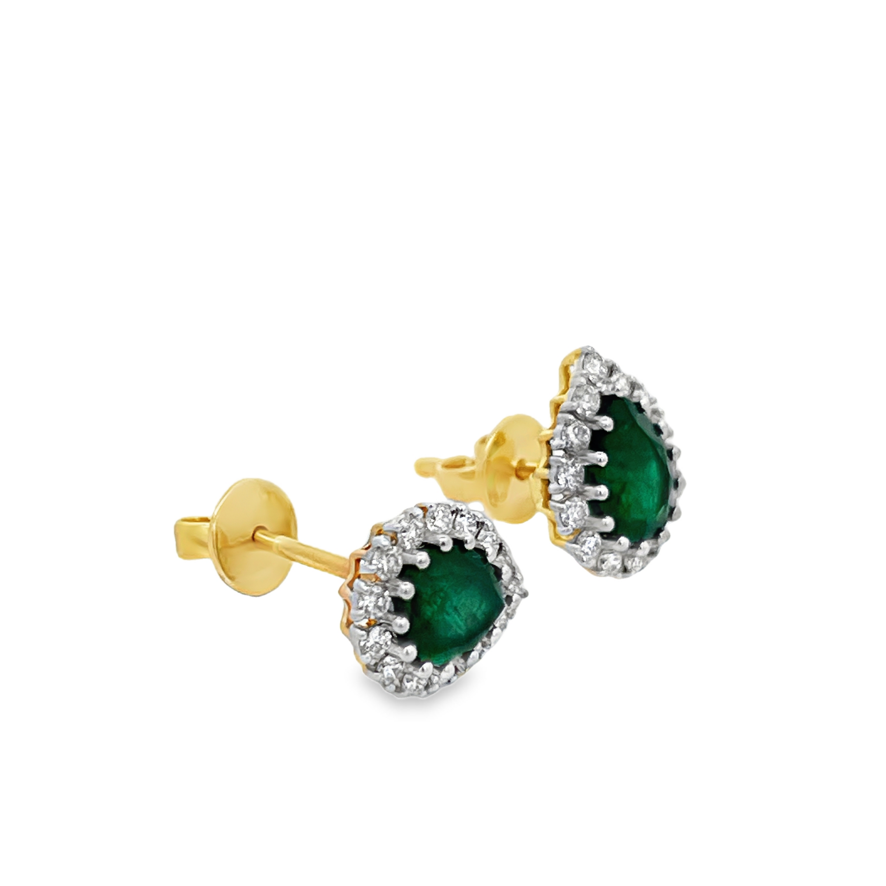 Estate 18K Yellow Gold Pear Shape Emerald Earrings with Diamond Halo