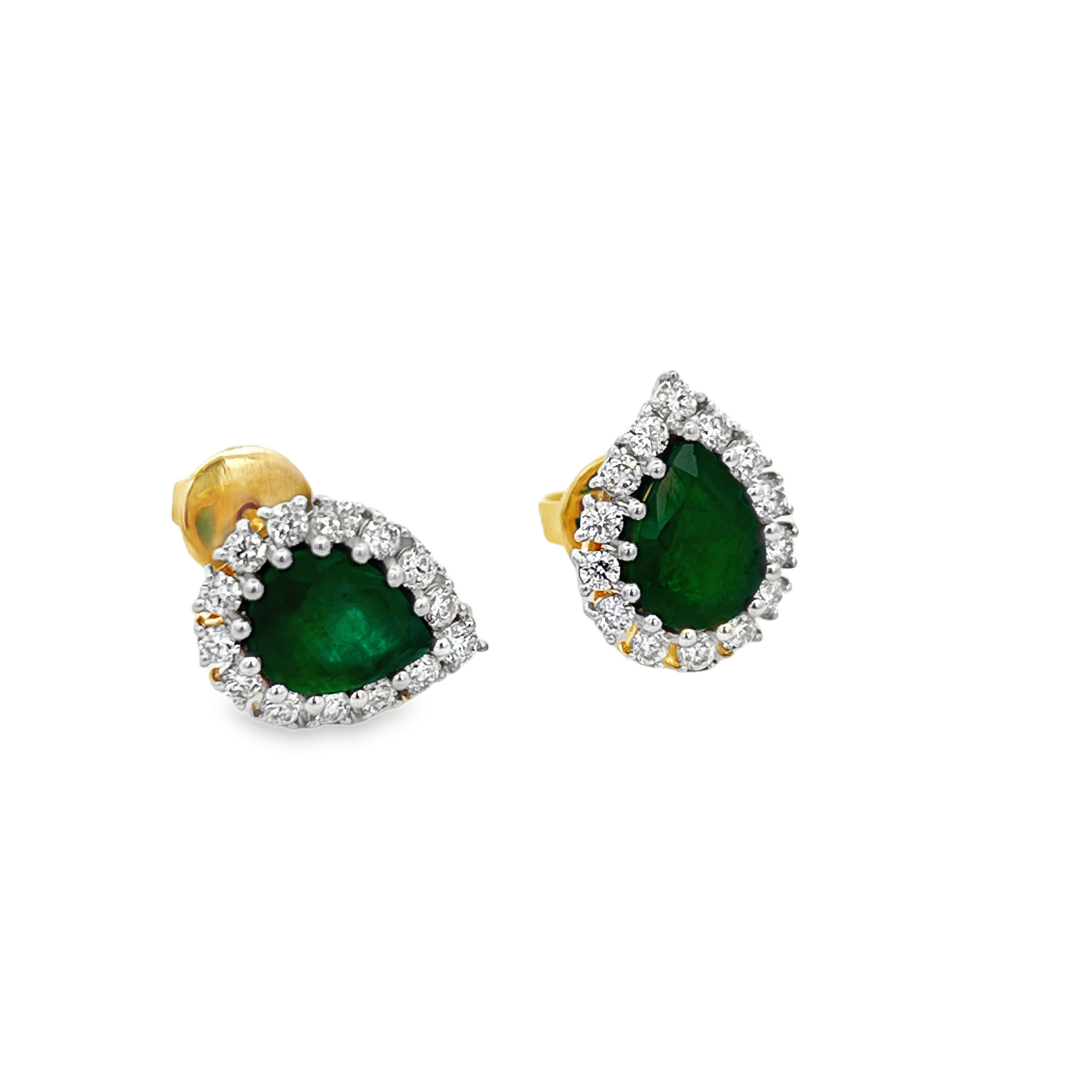 Estate 18K Yellow Gold Pear Shape Emerald Earrings with Diamond Halo