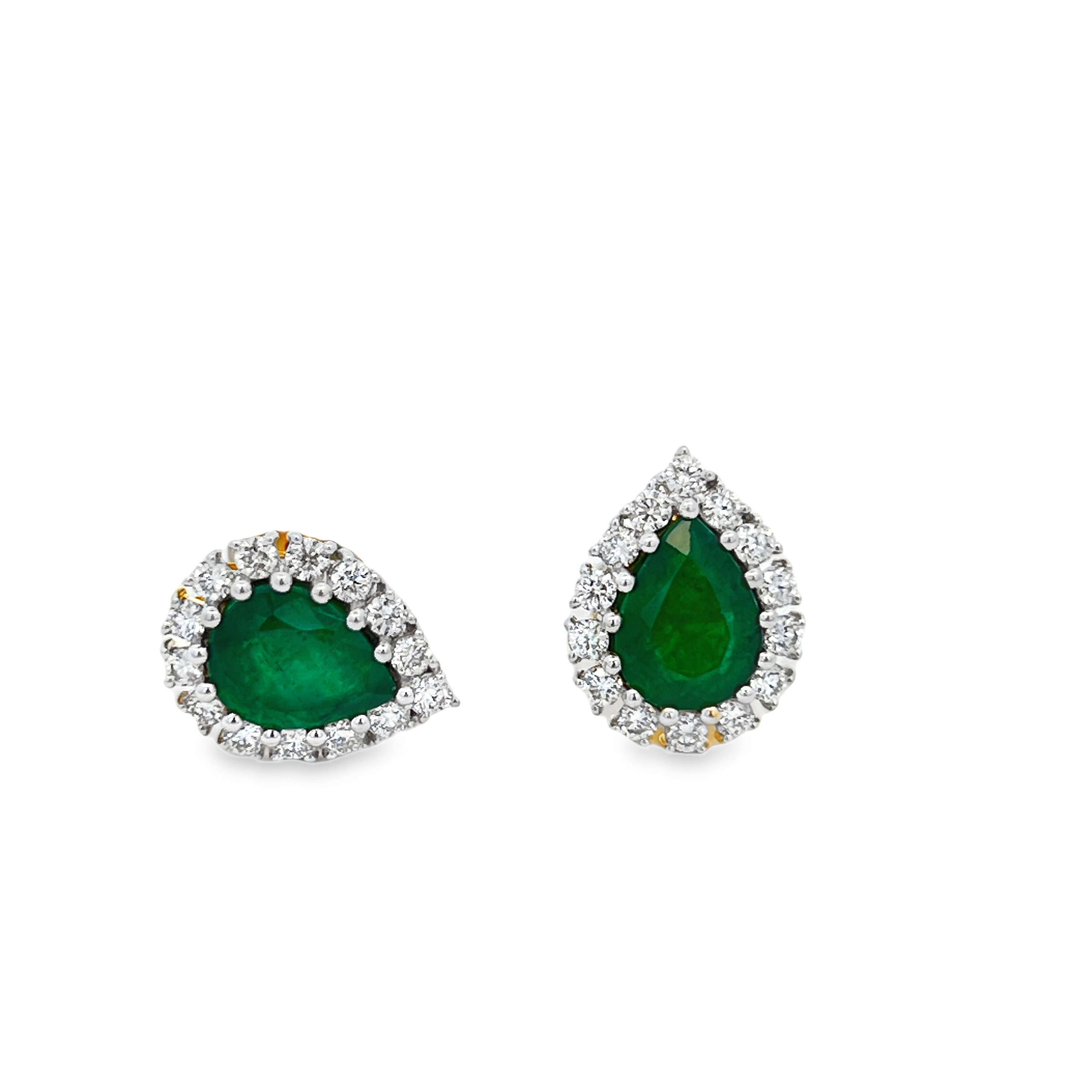 Estate 18K Yellow Gold Pear Shape Emerald Earrings with Diamond Halo
