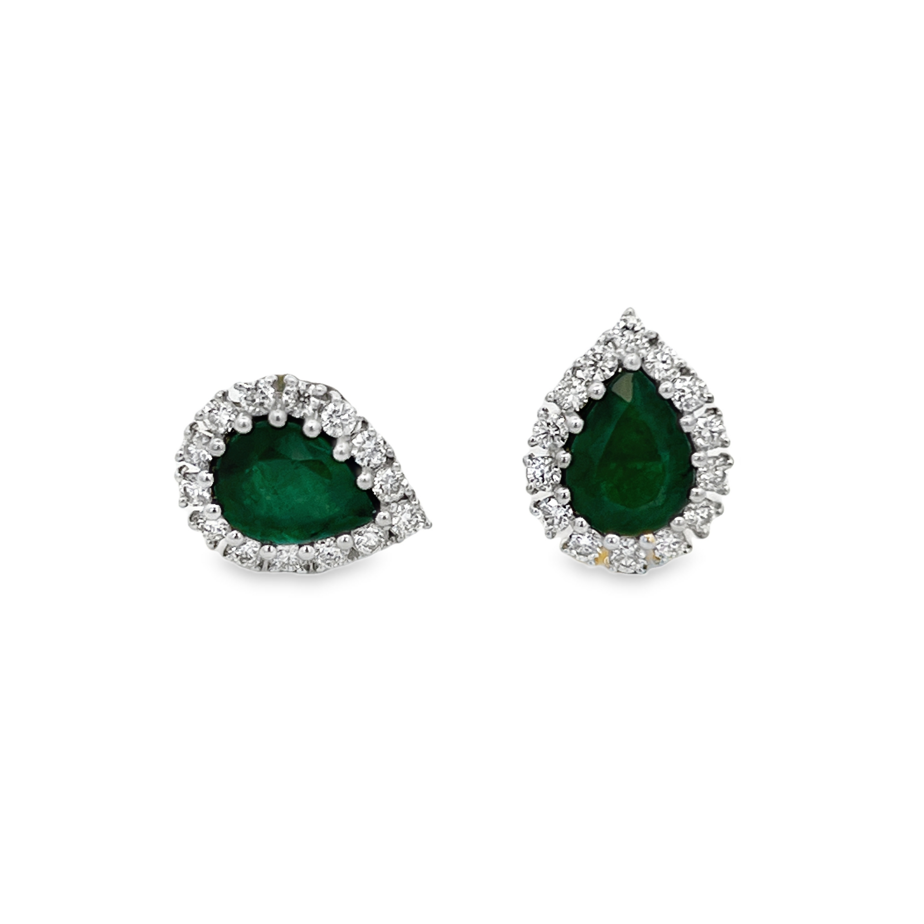 Estate 18K Yellow Gold Pear Shape Emerald Earrings with Diamond Halo