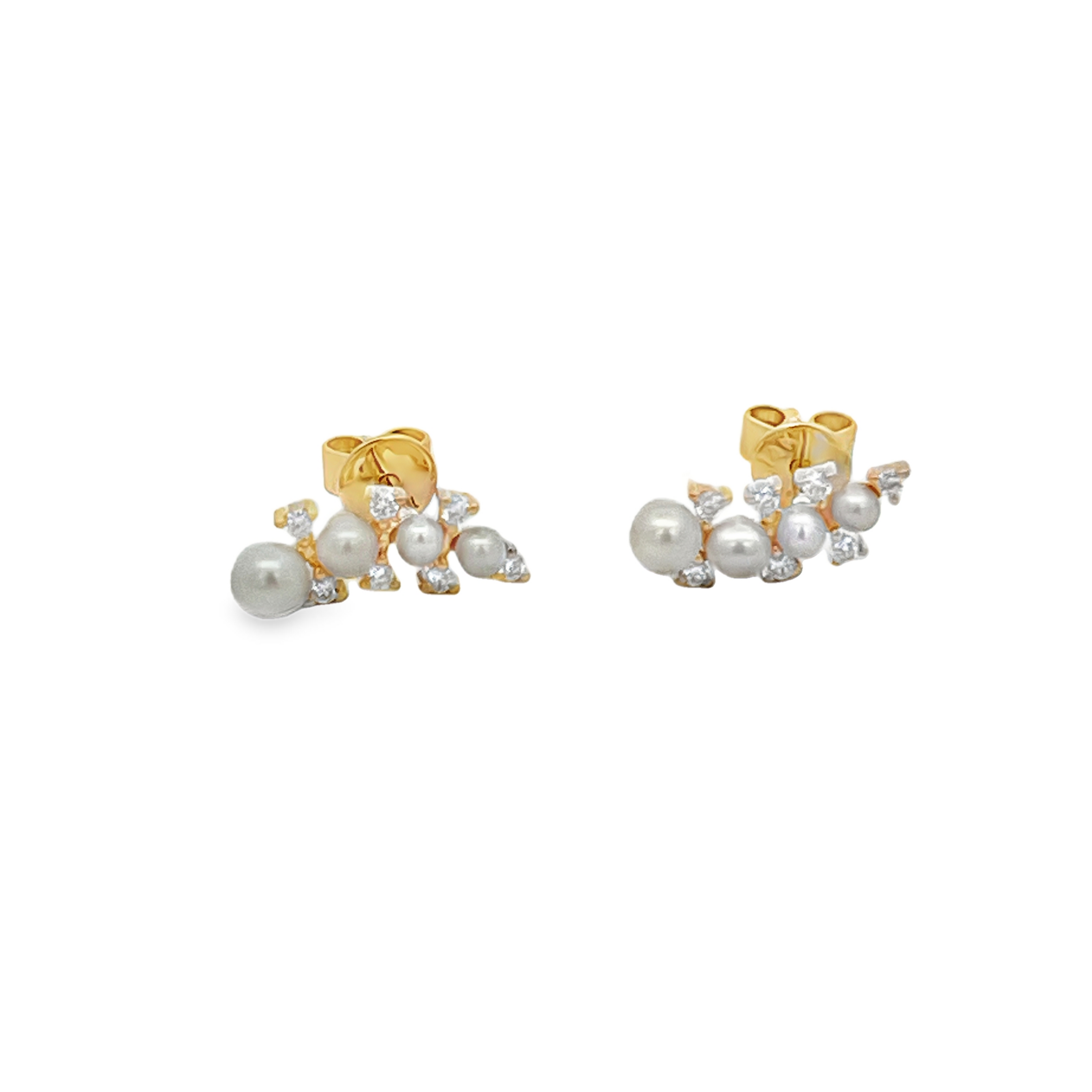 Estate 14K Yellow Gold Pearl & Diamond Cluster Stud Earrings