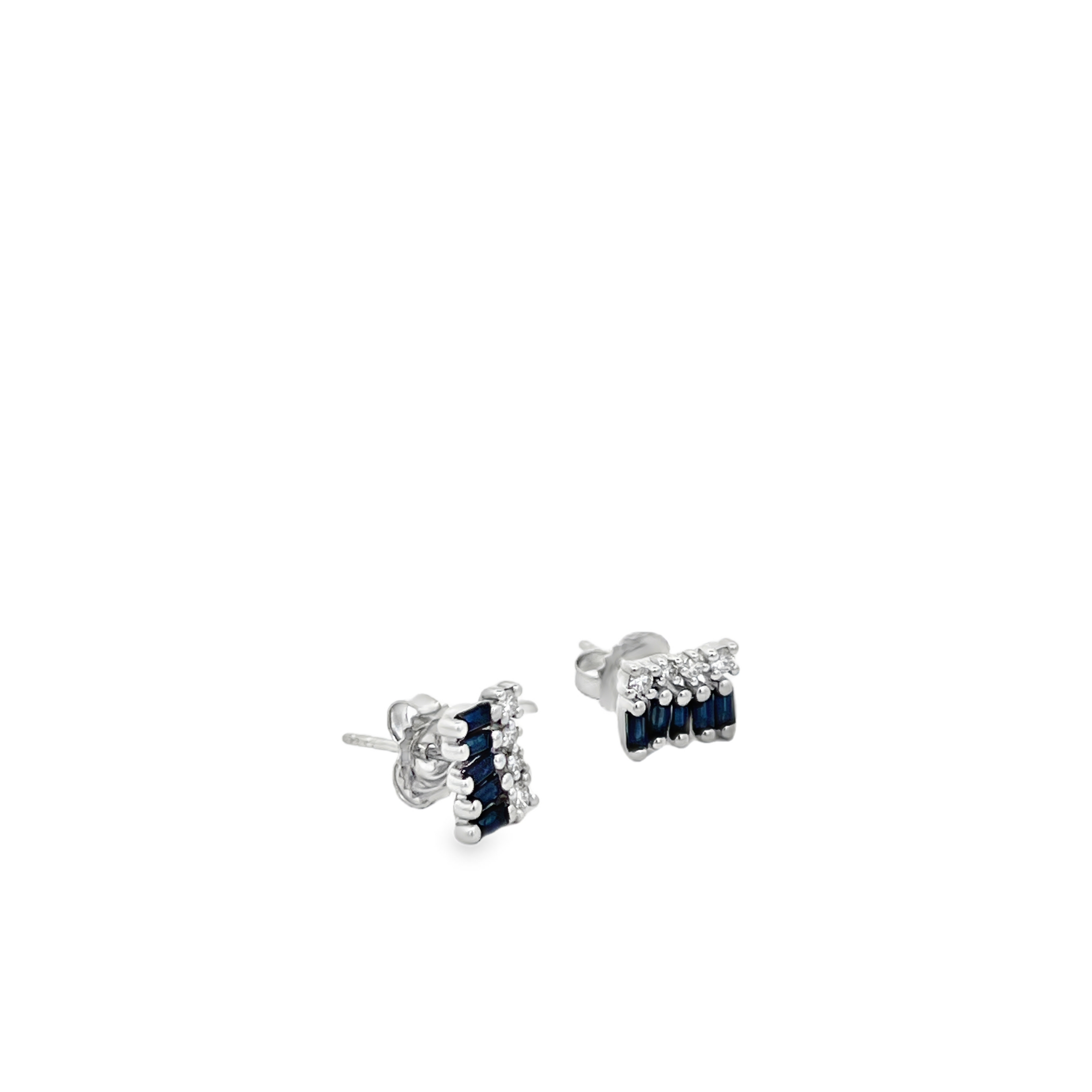 Estate 18K White Gold Baguette Blue Sapphire & Diamond Cluster Stud Earrings