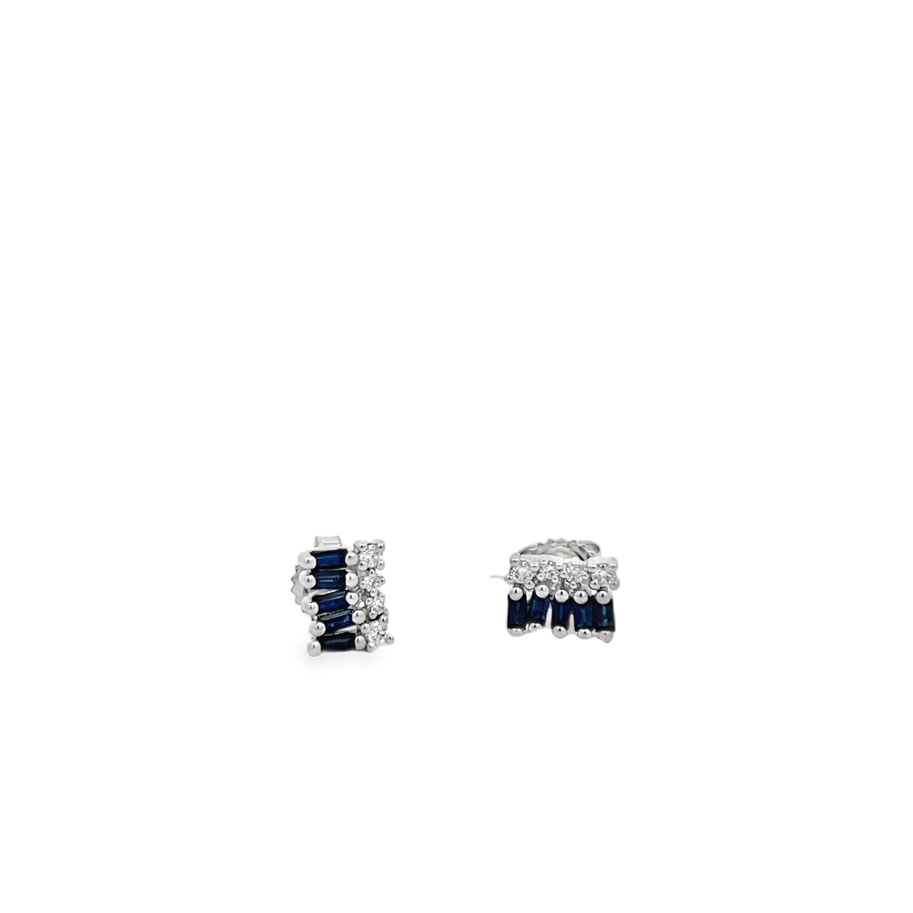 Estate 18K White Gold Baguette Blue Sapphire & Diamond Cluster Stud Earrings