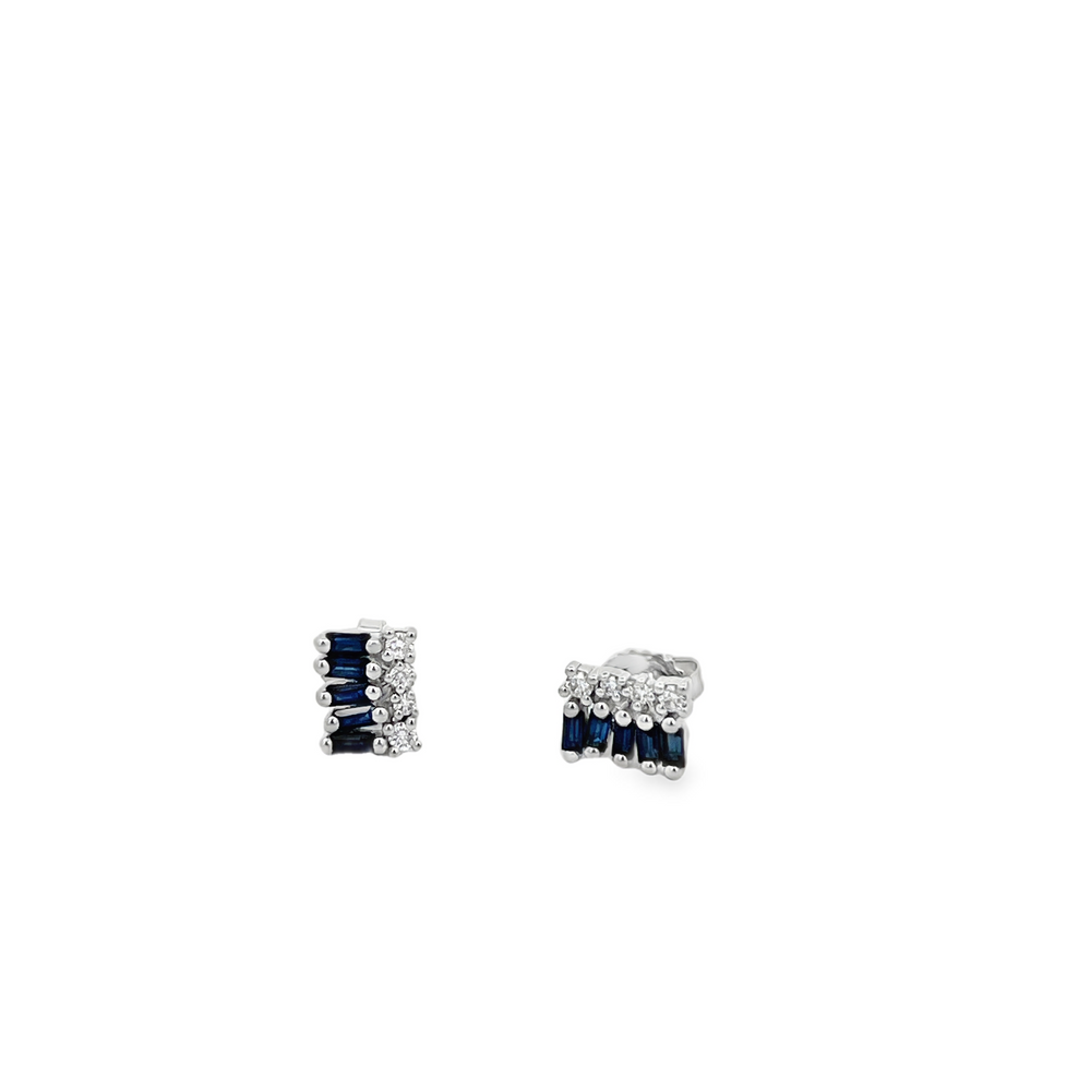 Estate 18K White Gold Baguette Blue Sapphire & Diamond Cluster Stud Earrings