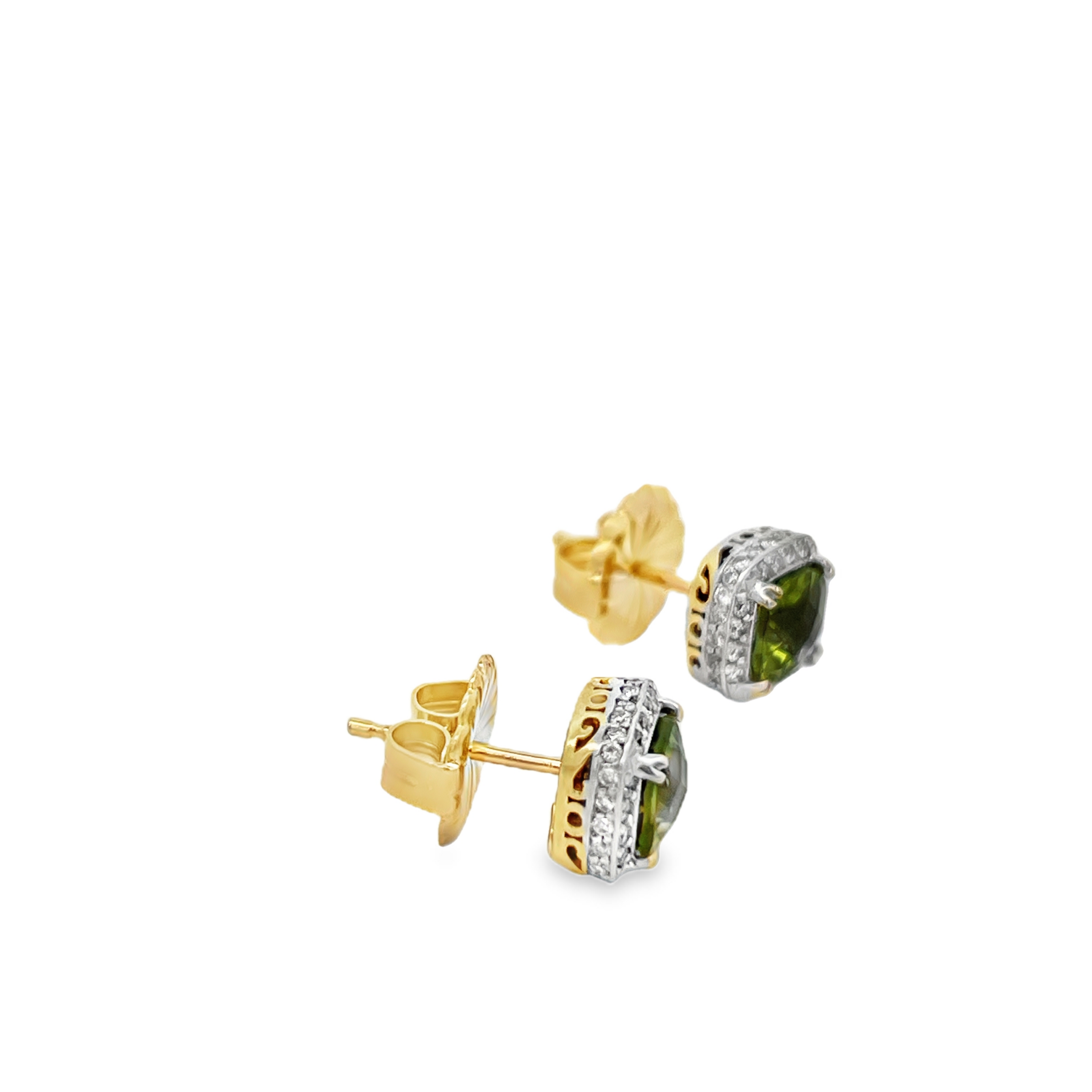 Estate 14K Yellow Gold Cushion-Cut Peridot & Diamond Halo Stud Earrings