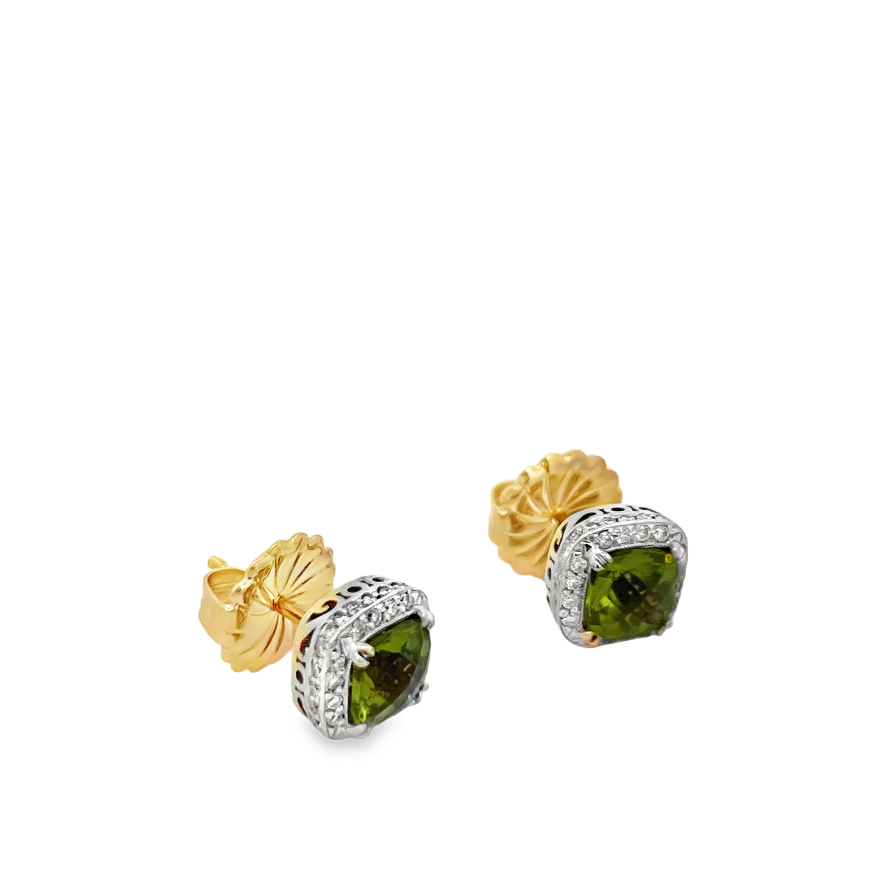 Estate 14K Yellow Gold Cushion-Cut Peridot & Diamond Halo Stud Earrings