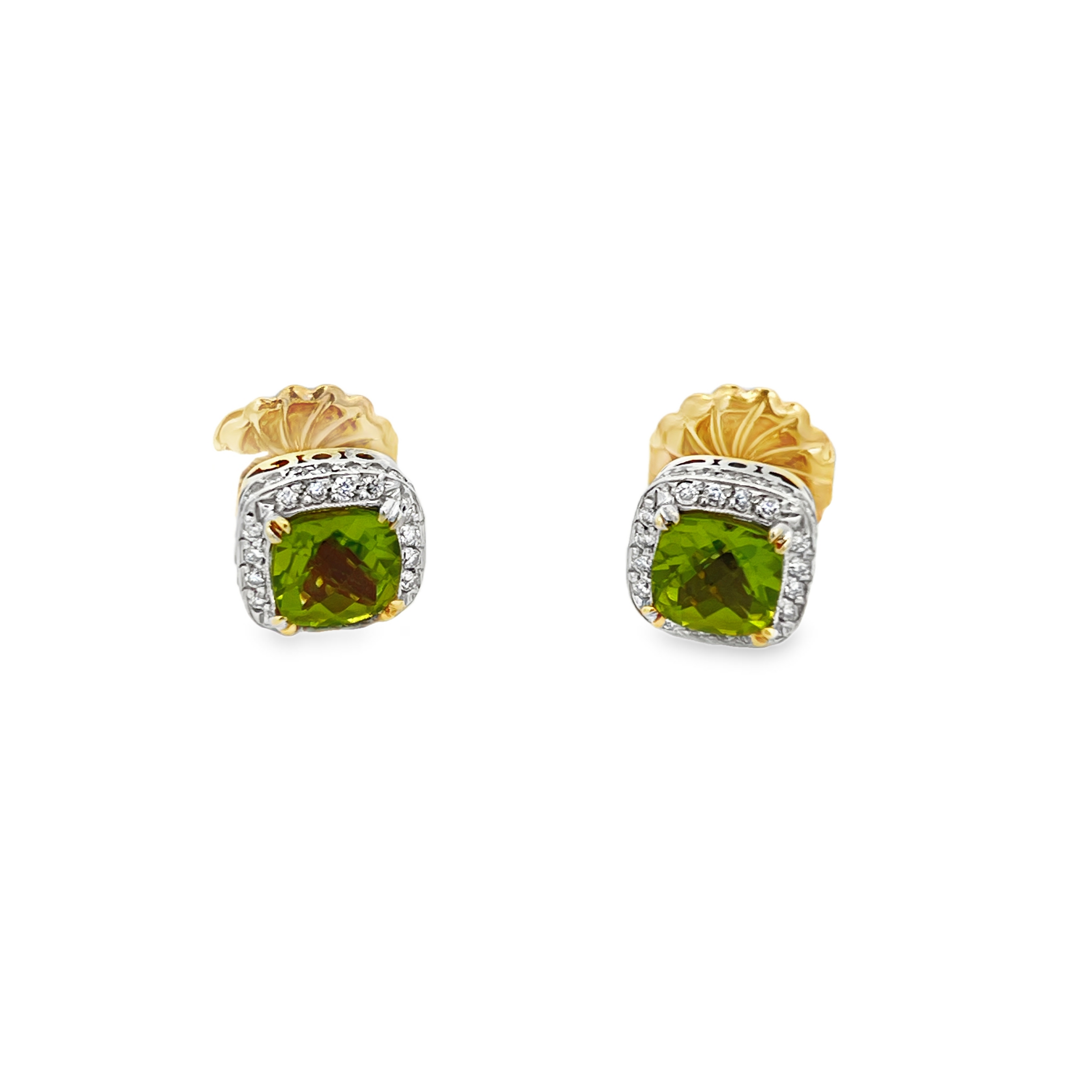 Estate 14K Yellow Gold Cushion-Cut Peridot & Diamond Halo Stud Earrings