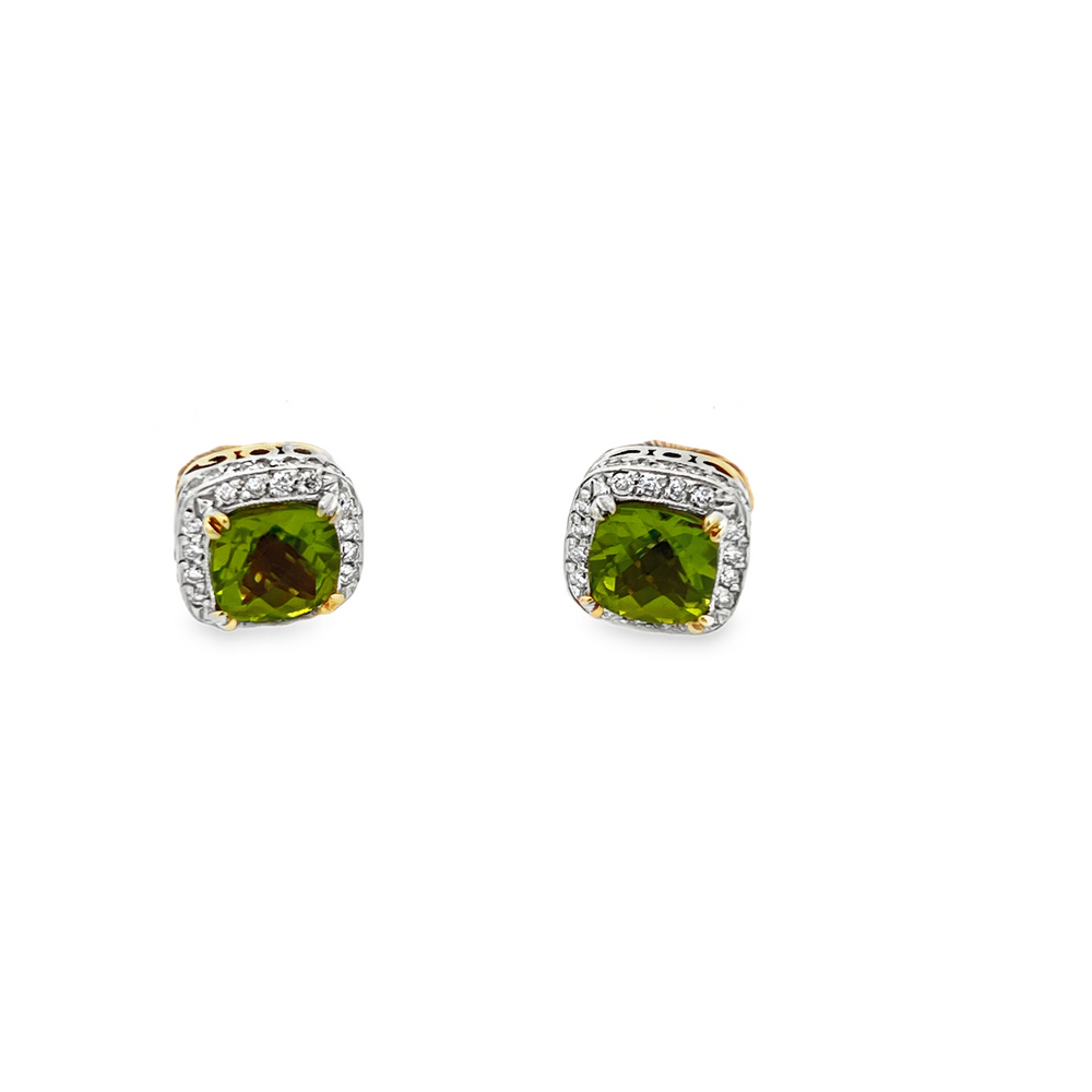 Estate 14K Yellow Gold Cushion-Cut Peridot & Diamond Halo Stud Earrings
