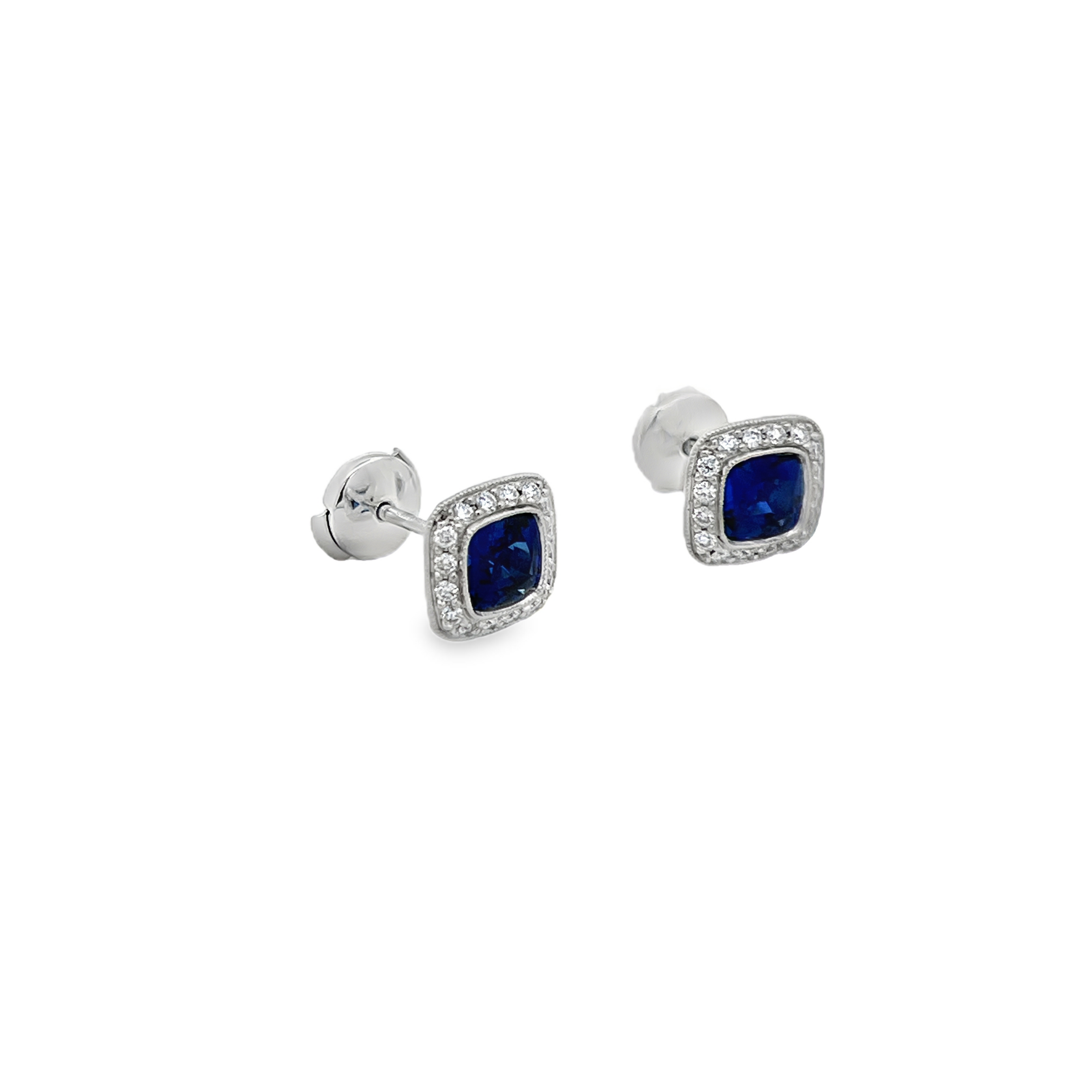 Estate Tiffany & Co. Platinum Cushion-Cut Blue Sapphire Stud Earrings with Diamond Halo