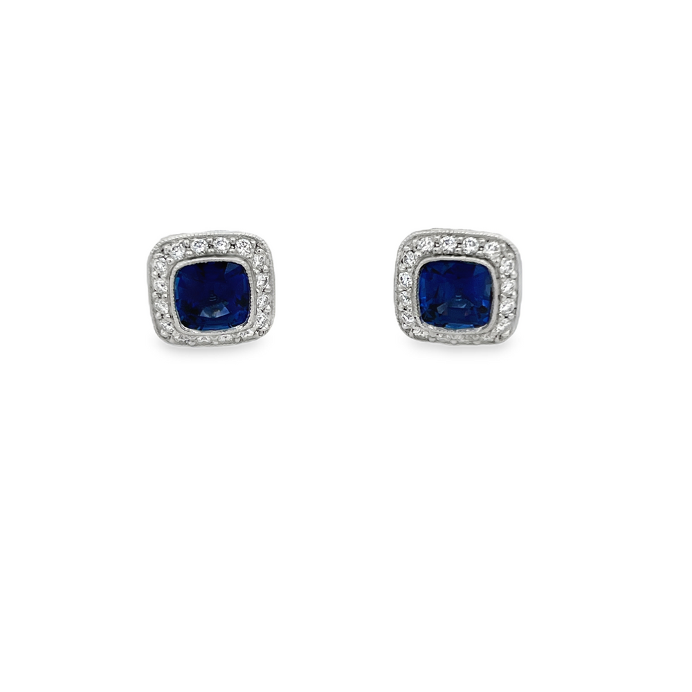Estate Tiffany & Co. Platinum Cushion-Cut Blue Sapphire Stud Earrings with Diamond Halo