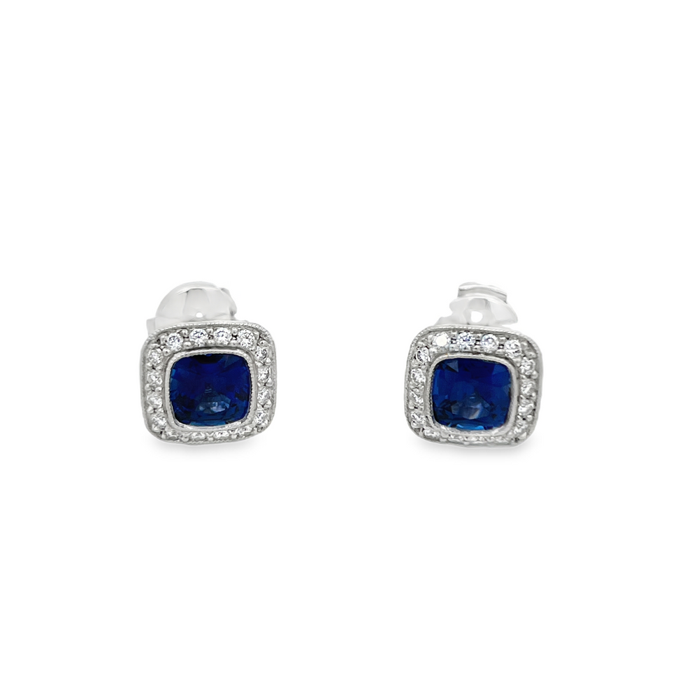 Estate Tiffany & Co. Platinum Cushion-Cut Blue Sapphire Stud Earrings with Diamond Halo