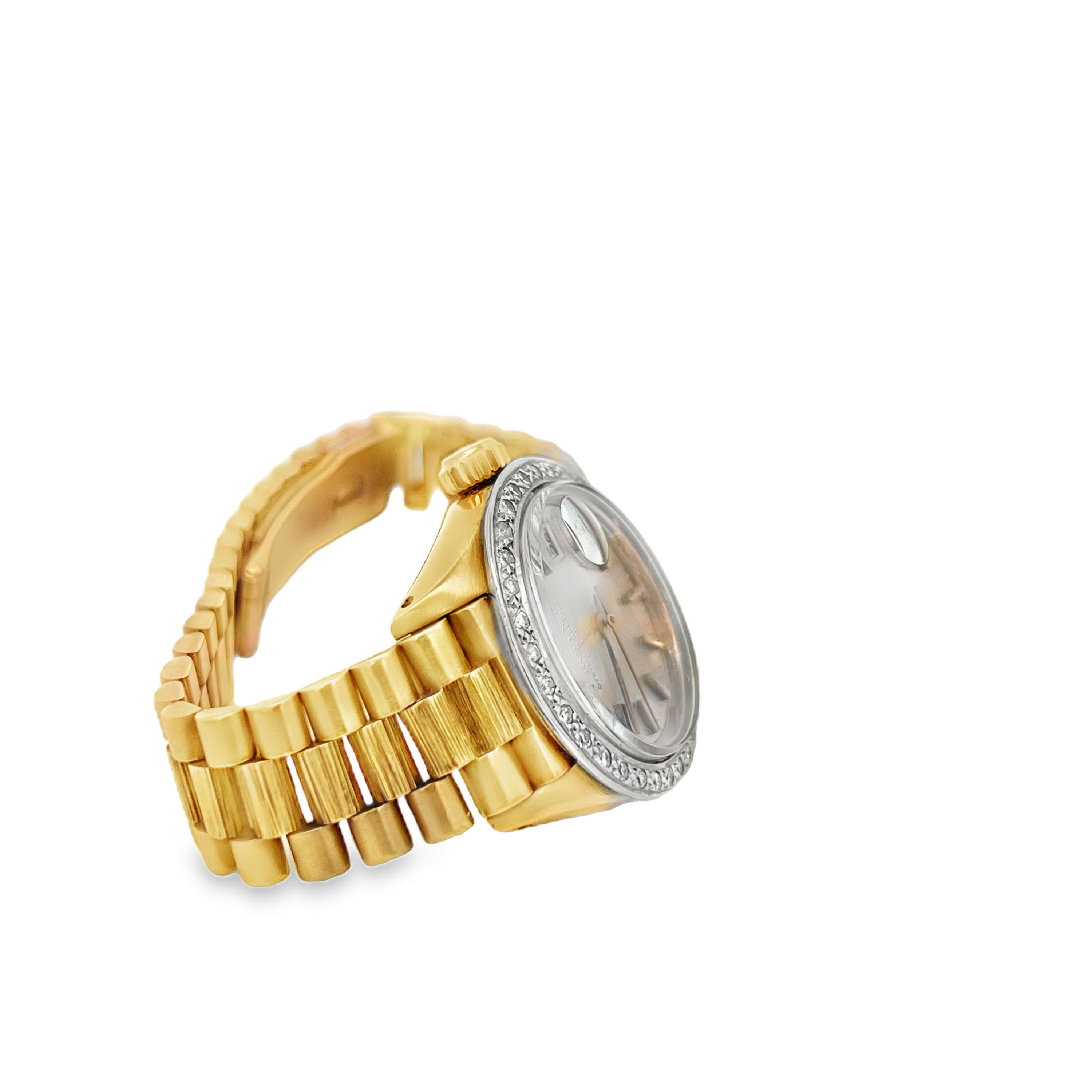 Pre-Owned Rolex Oyster Perpetual Date 18K Yellow Gold Bark Finish Watch with Diamond Bezel