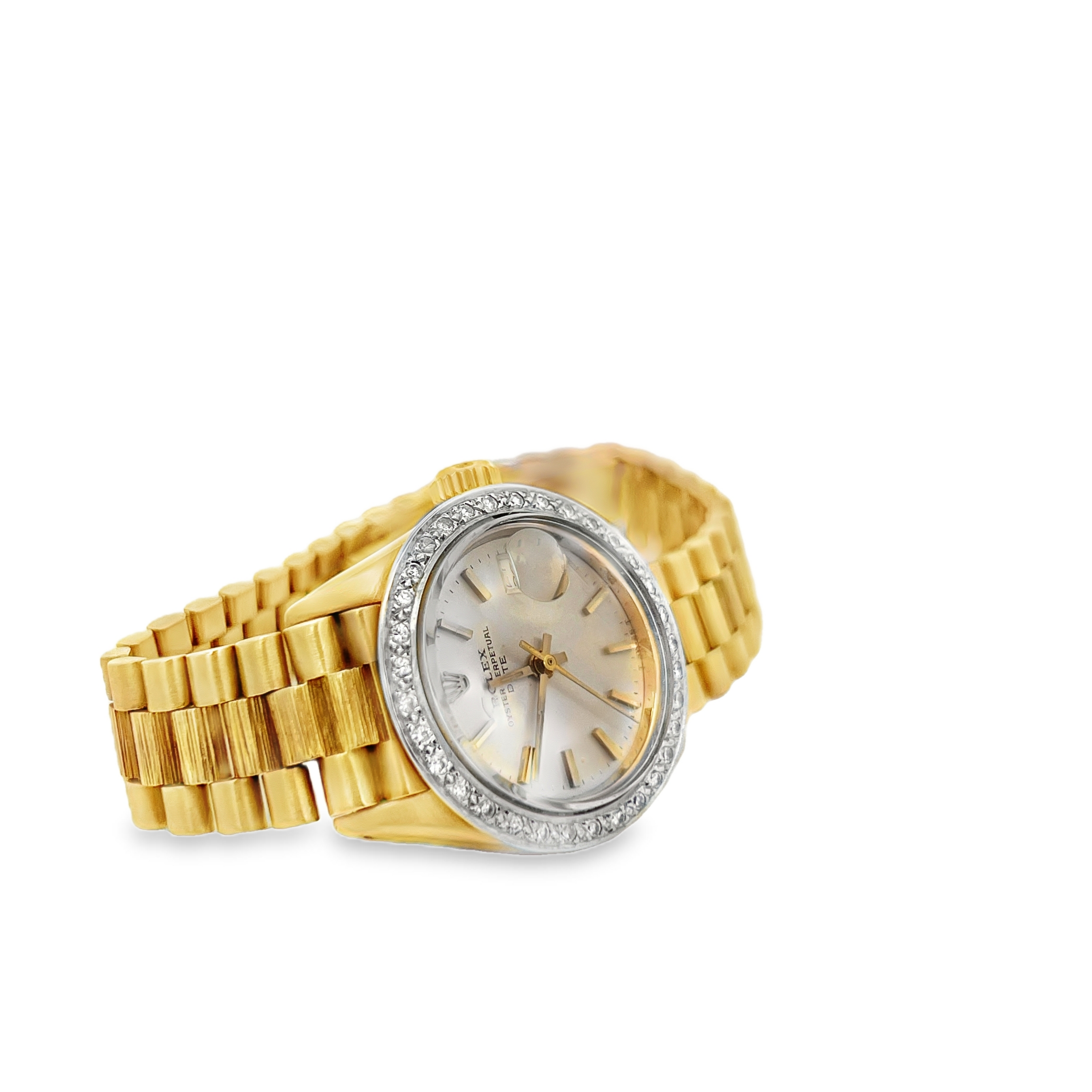 Pre-Owned Rolex Oyster Perpetual Date 18K Yellow Gold Bark Finish Watch with Diamond Bezel