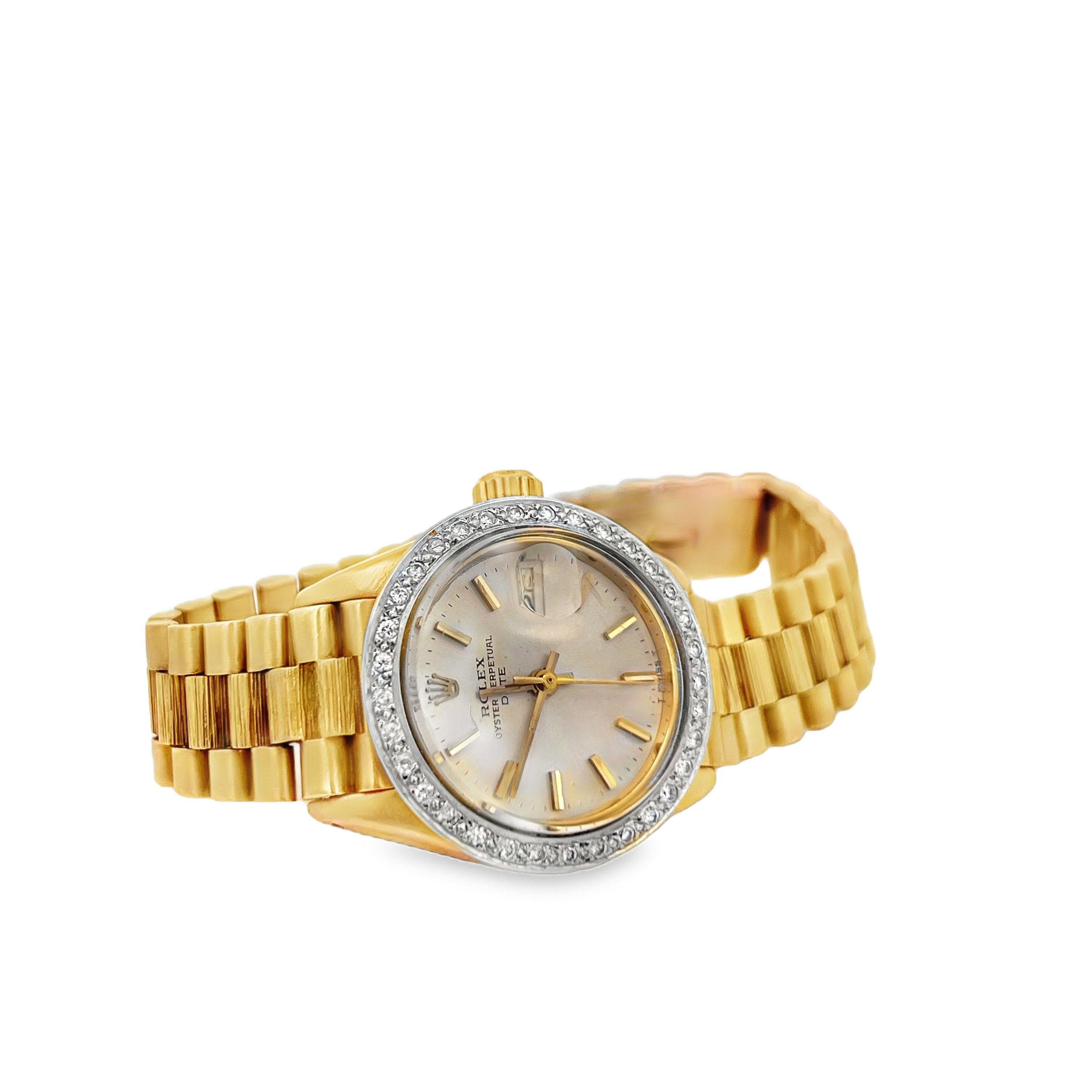 Pre-Owned Rolex Oyster Perpetual Date 18K Yellow Gold Bark Finish Watch with Diamond Bezel