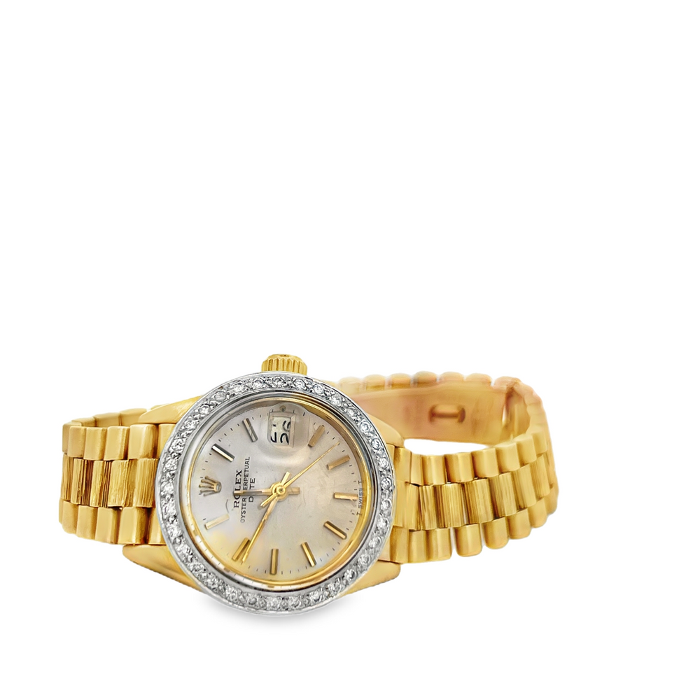 Pre-Owned Rolex Oyster Perpetual Date 18K Yellow Gold Bark Finish Watch with Diamond Bezel