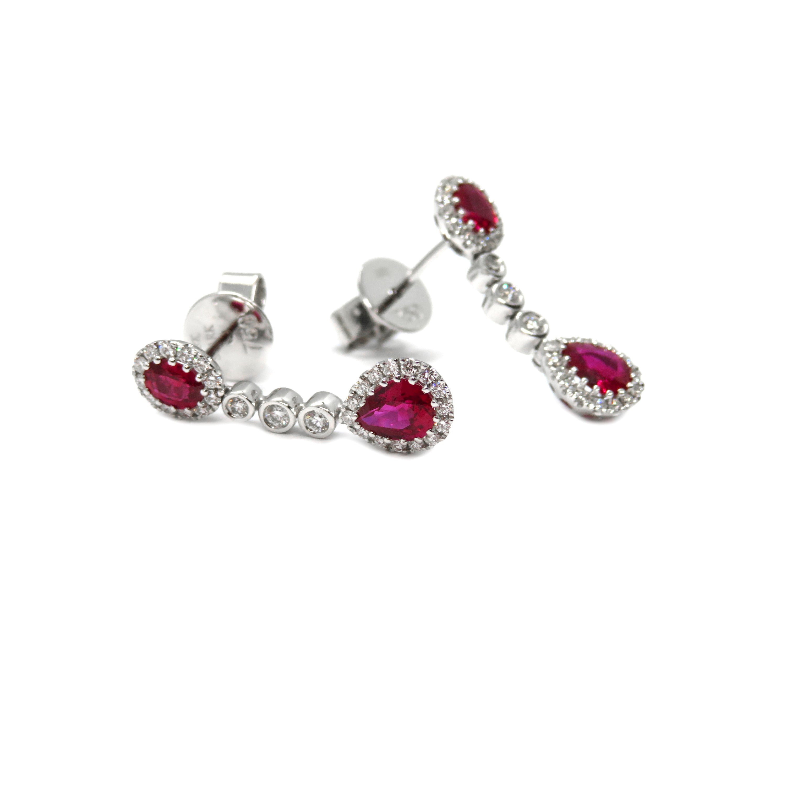 18K White Gold Ruby & Diamond Dangle Earrings – 1.33ct Rubies