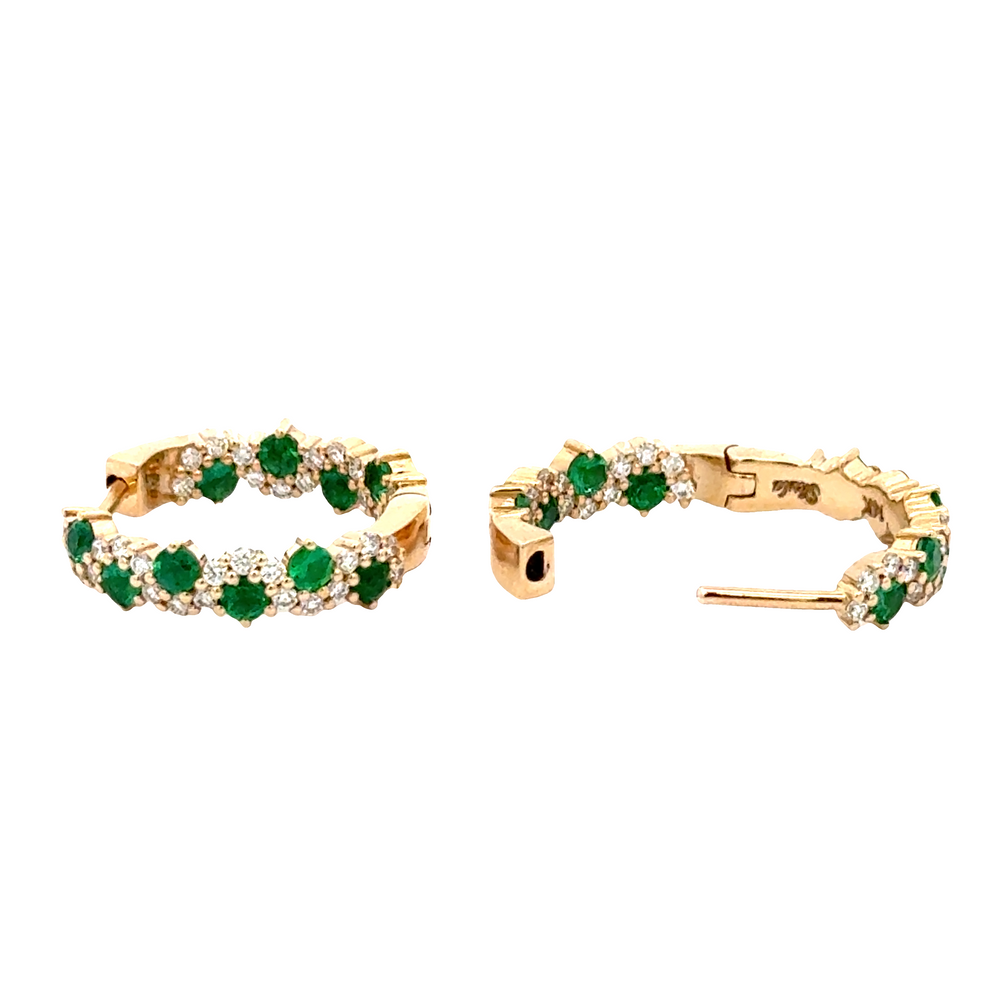 14K Yellow Gold Emerald & Diamond Hoop Earrings