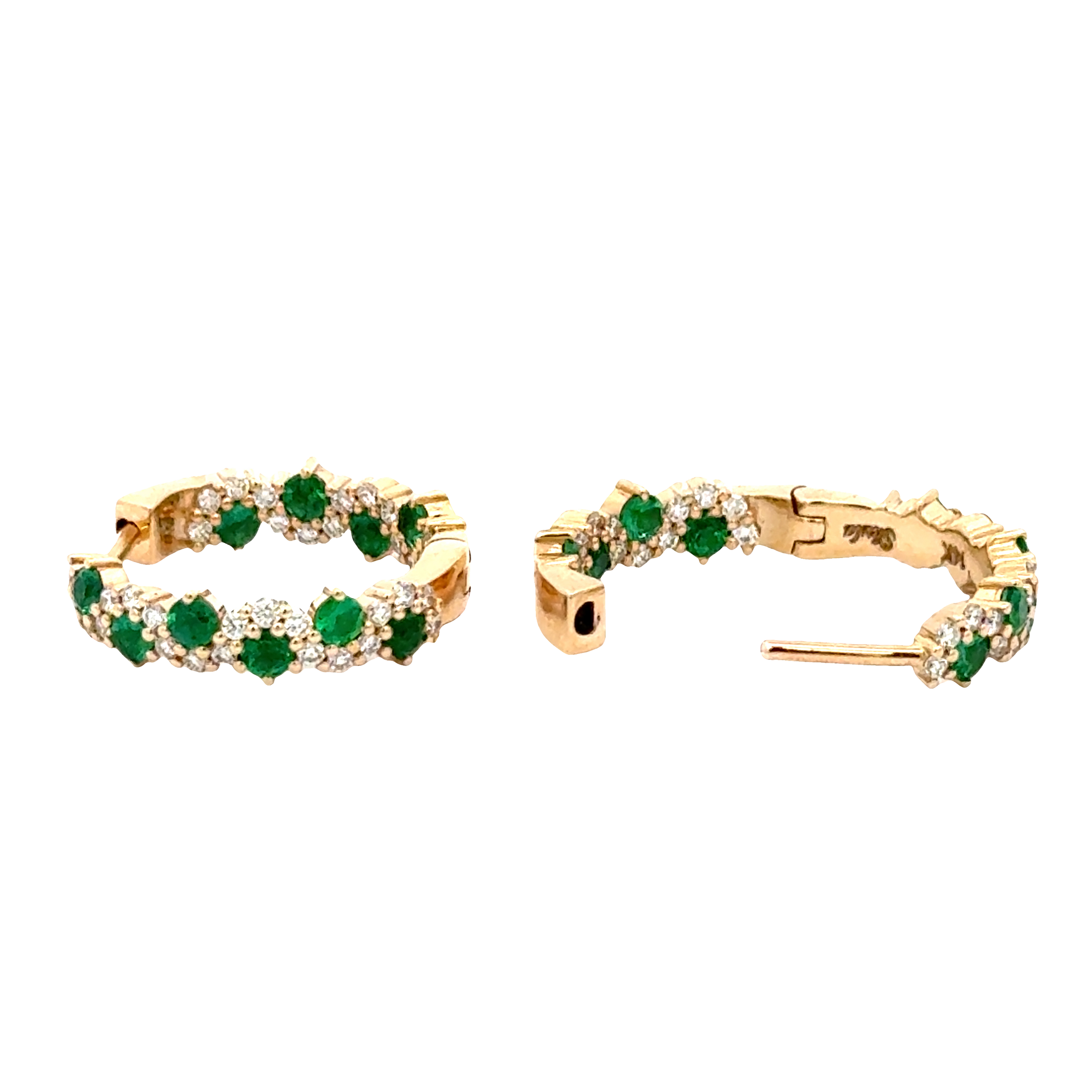 14K Yellow Gold Emerald & Diamond Hoop Earrings