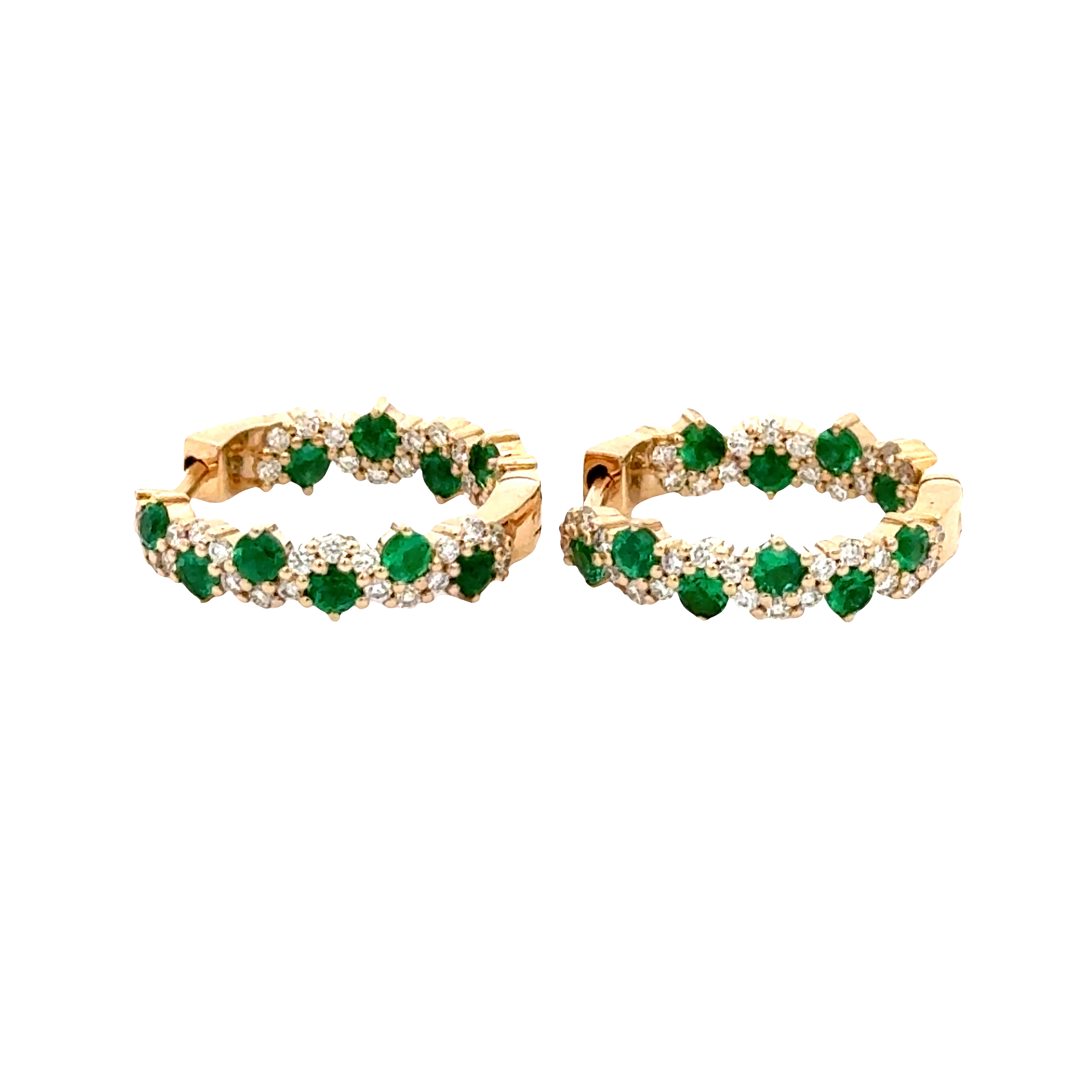 14K Yellow Gold Emerald & Diamond Hoop Earrings