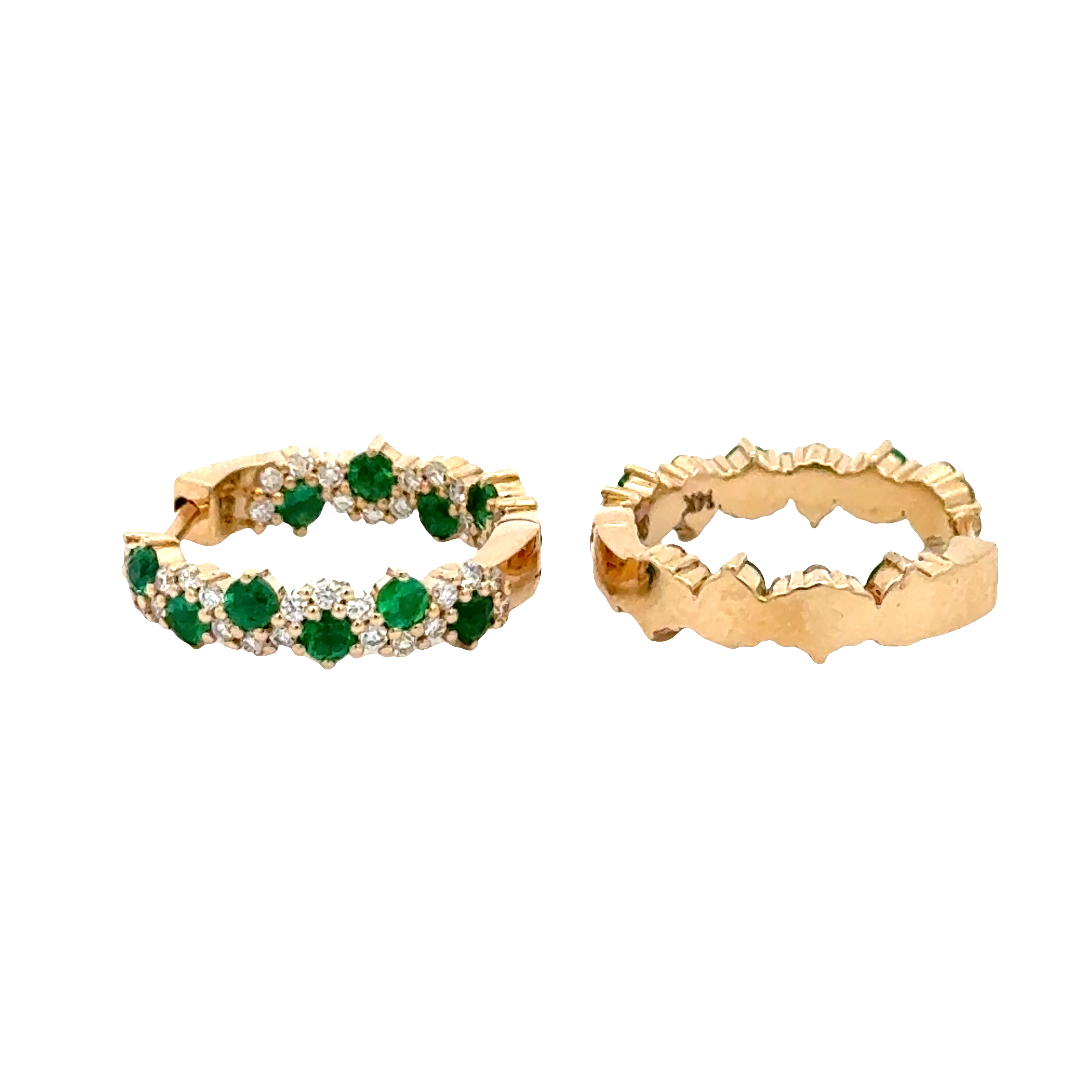 14K Yellow Gold Emerald & Diamond Hoop Earrings