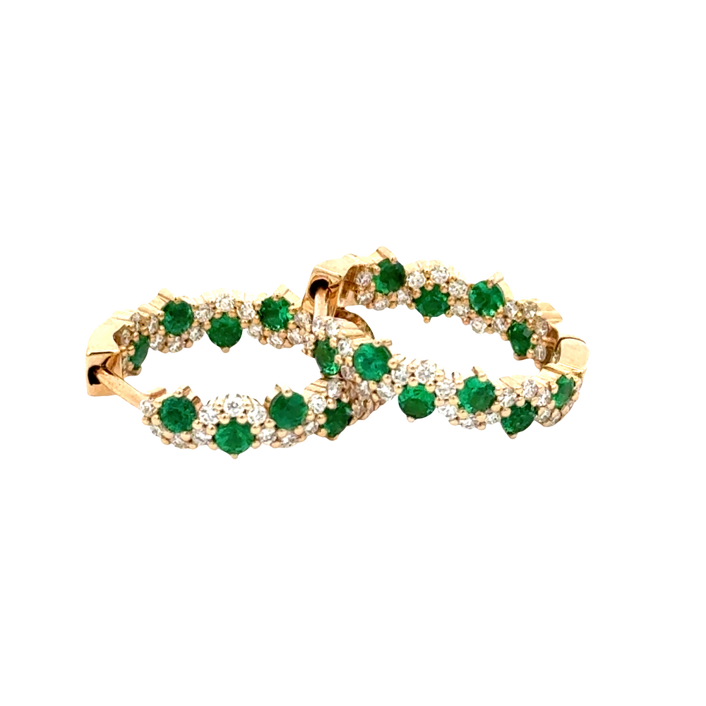 14K Yellow Gold Emerald & Diamond Hoop Earrings