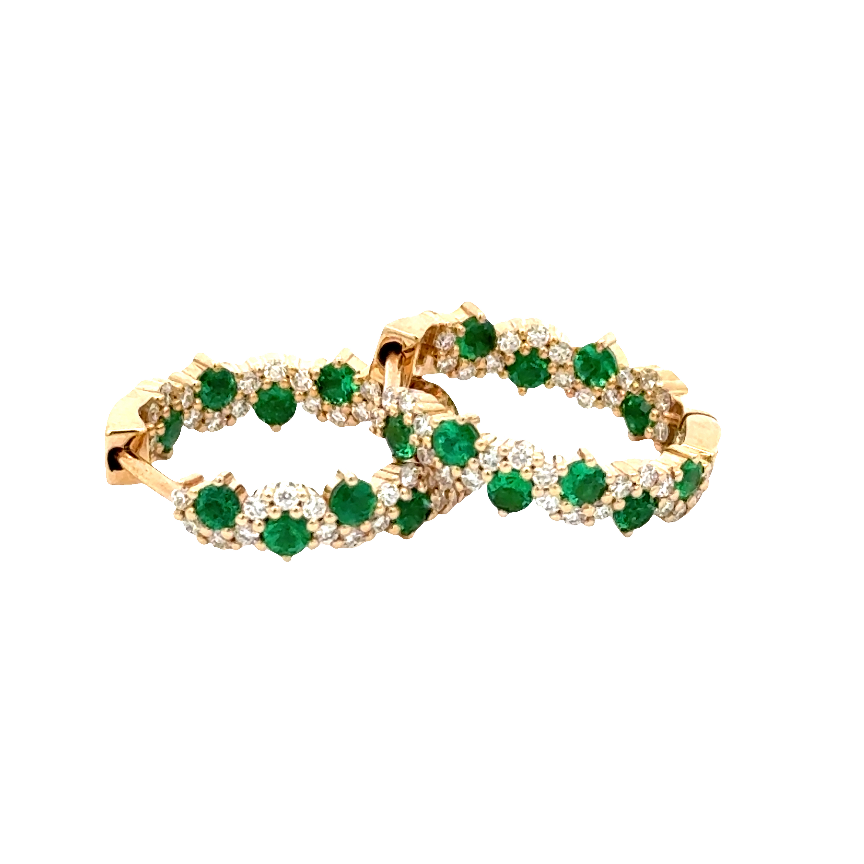 14K Yellow Gold Emerald & Diamond Hoop Earrings