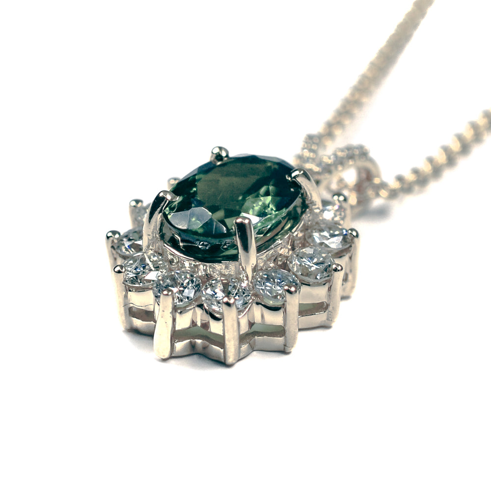 14K Yellow Gold Green Tourmaline & Diamond Halo Necklace