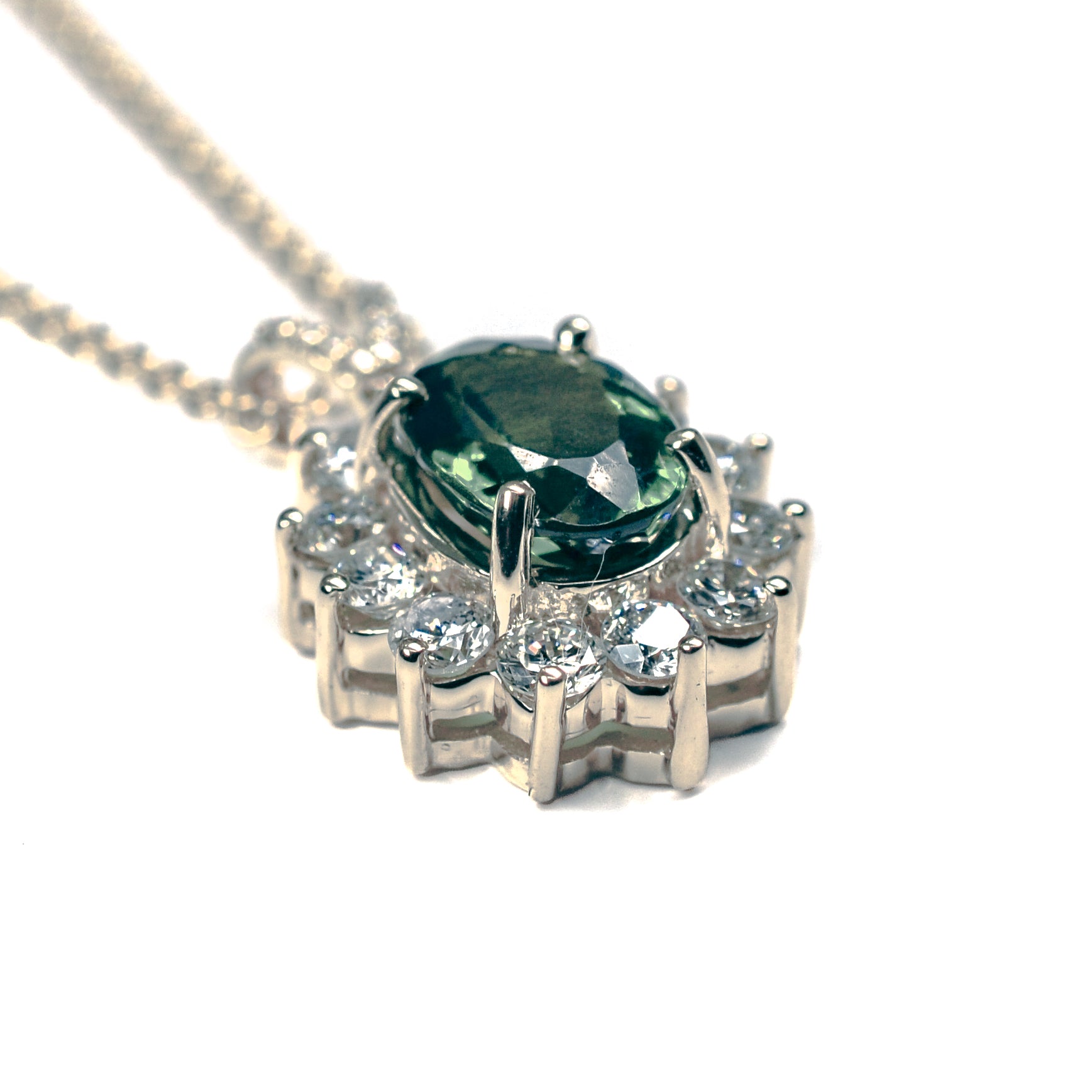 14K Yellow Gold Green Tourmaline & Diamond Halo Necklace