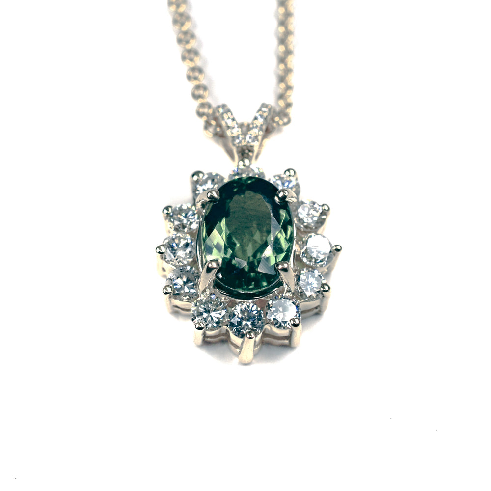 14K Yellow Gold Green Tourmaline & Diamond Halo Necklace