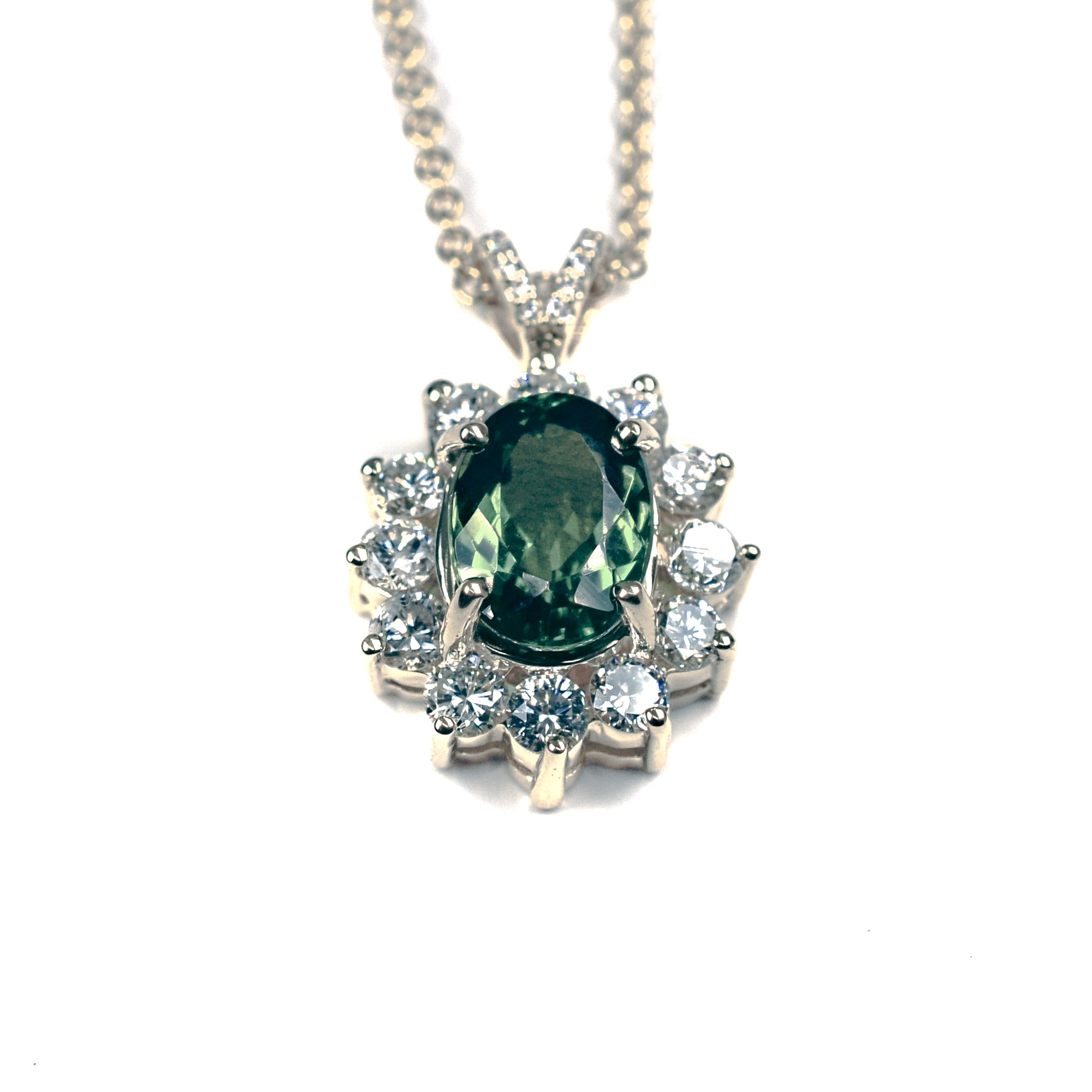 14K Yellow Gold Green Tourmaline & Diamond Halo Necklace