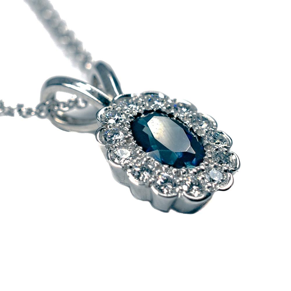 14K White Gold Blue Sapphire & Diamond Halo Necklace