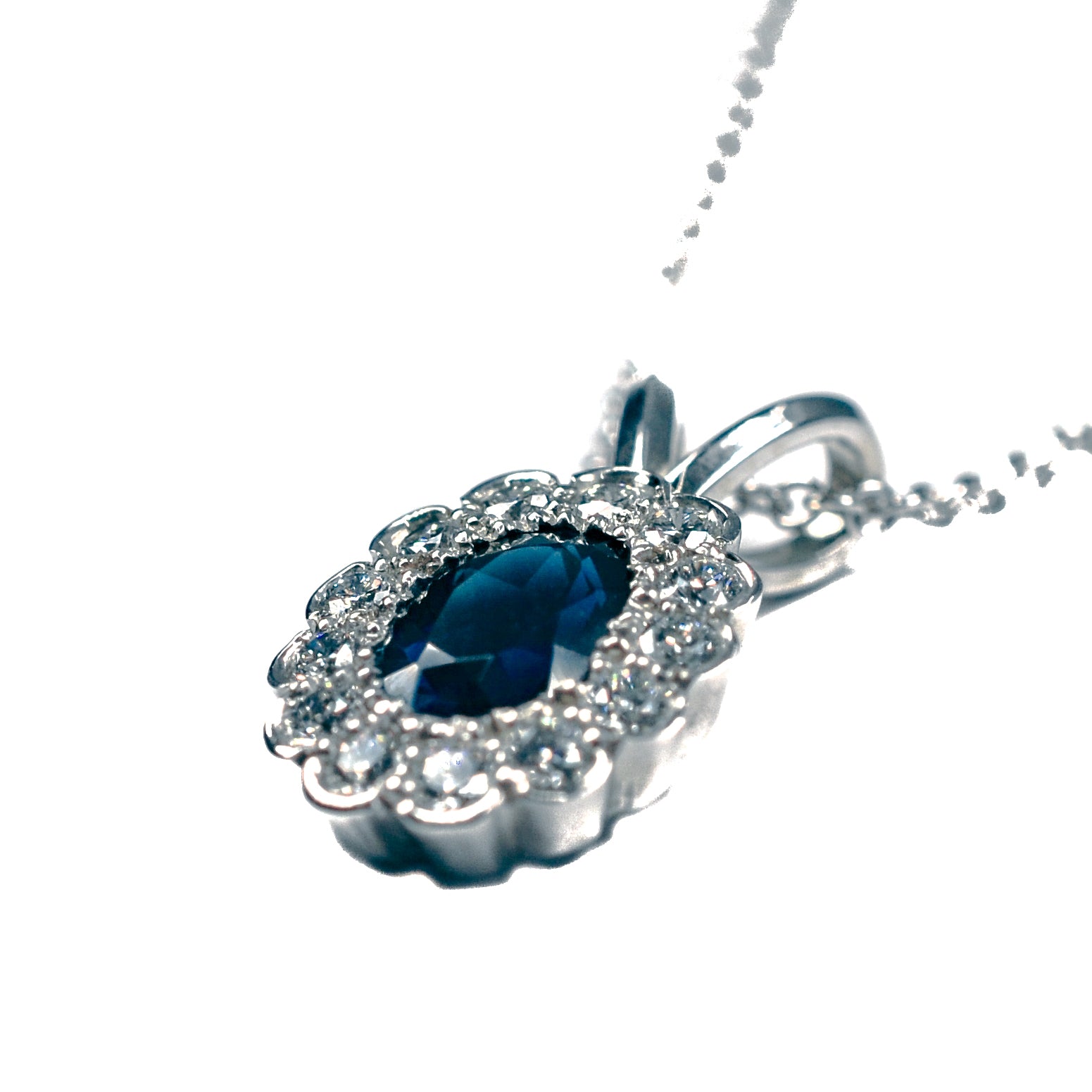 14K White Gold Blue Sapphire & Diamond Halo Necklace