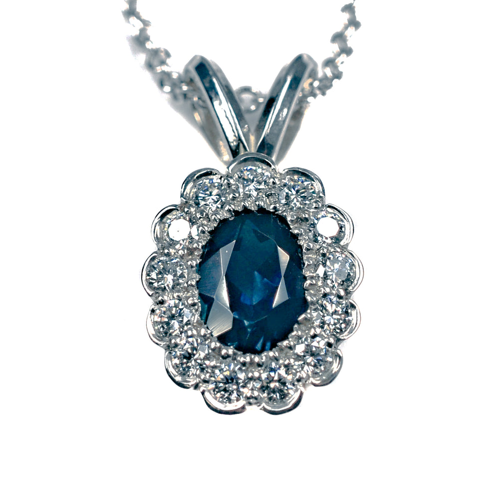 14K White Gold Blue Sapphire & Diamond Halo Necklace
