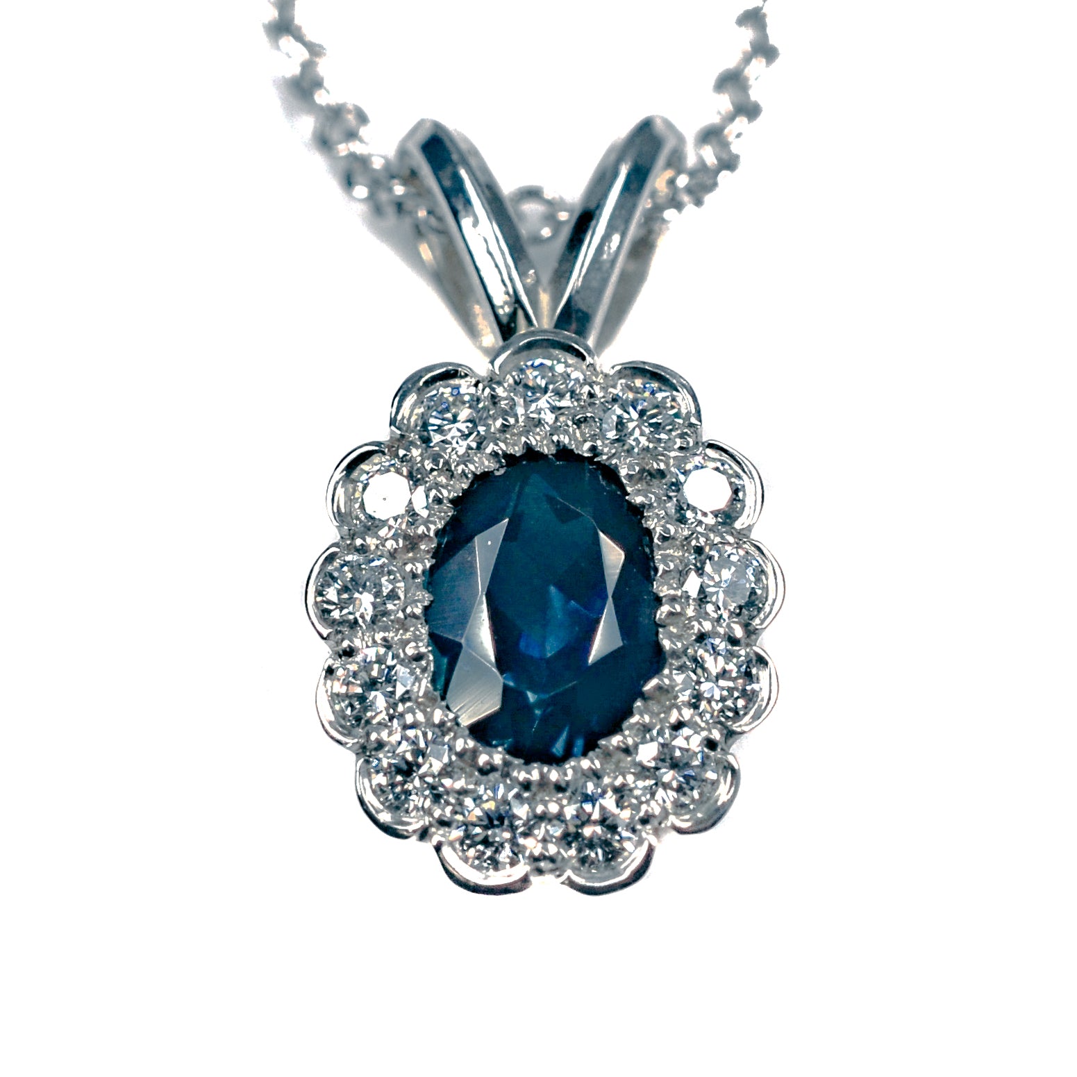 14K White Gold Blue Sapphire & Diamond Halo Necklace