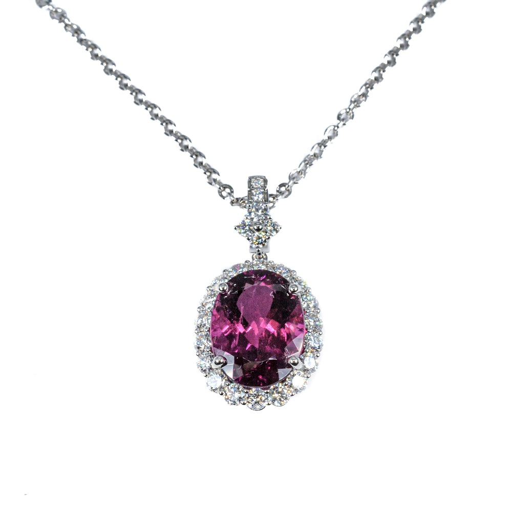 18K White Gold Pink Tourmaline & Diamond Halo Pendant Necklace