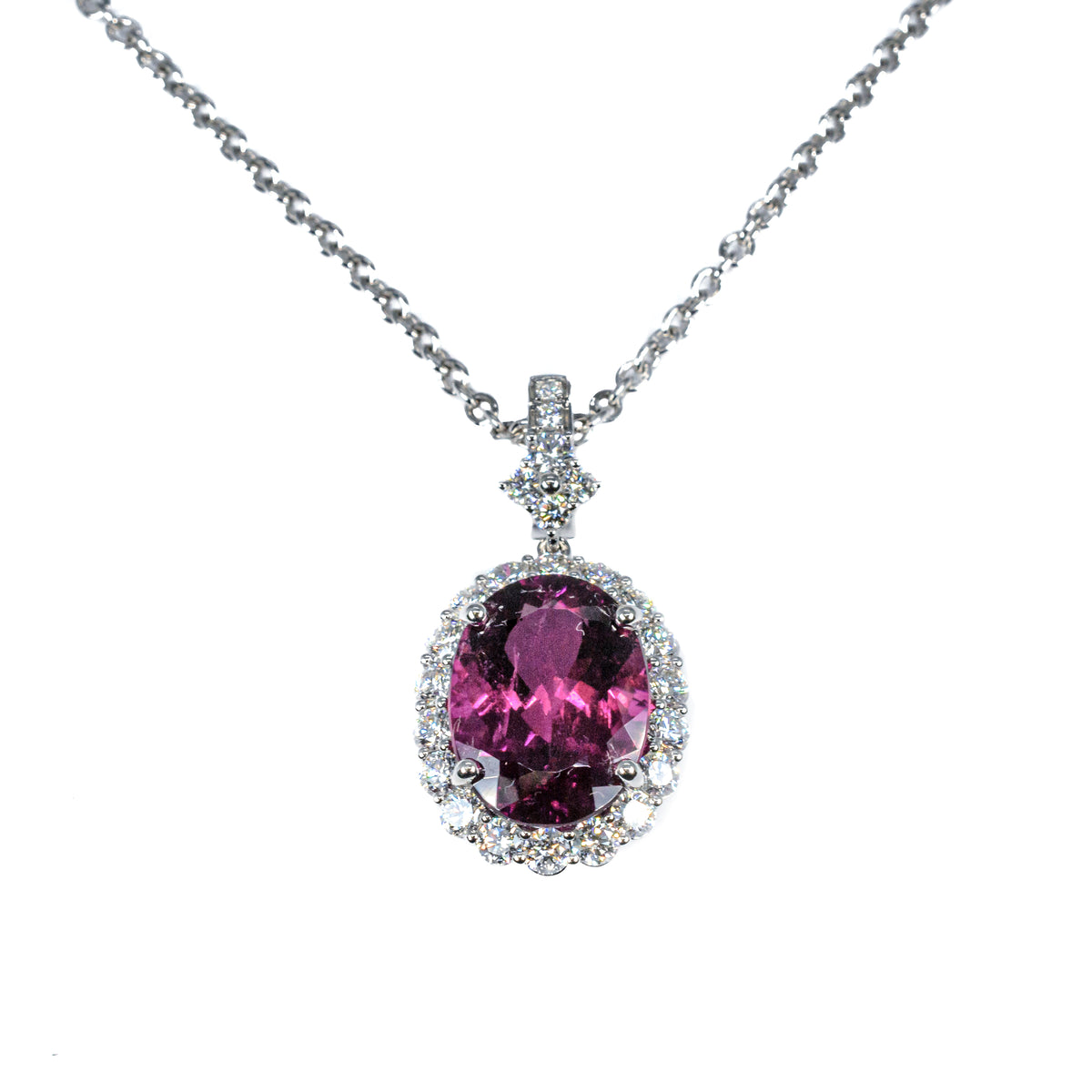 18K White Gold Pink Tourmaline & Diamond Halo Pendant Necklace
