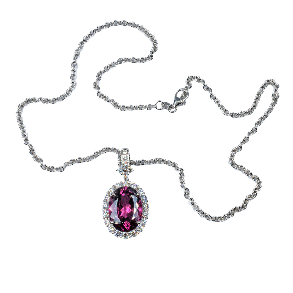 18K White Gold Pink Tourmaline & Diamond Halo Pendant Necklace