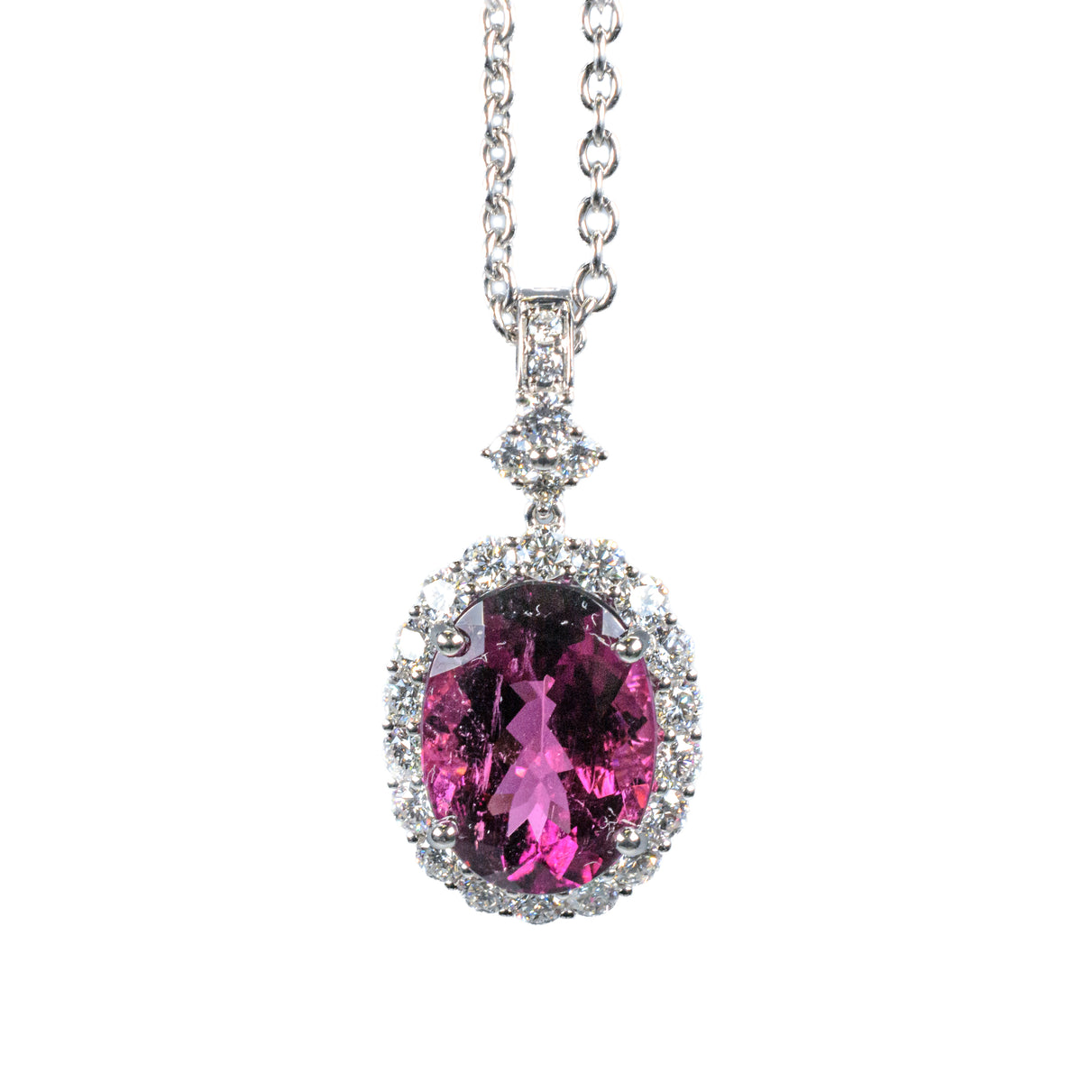 18K White Gold Pink Tourmaline & Diamond Halo Pendant Necklace