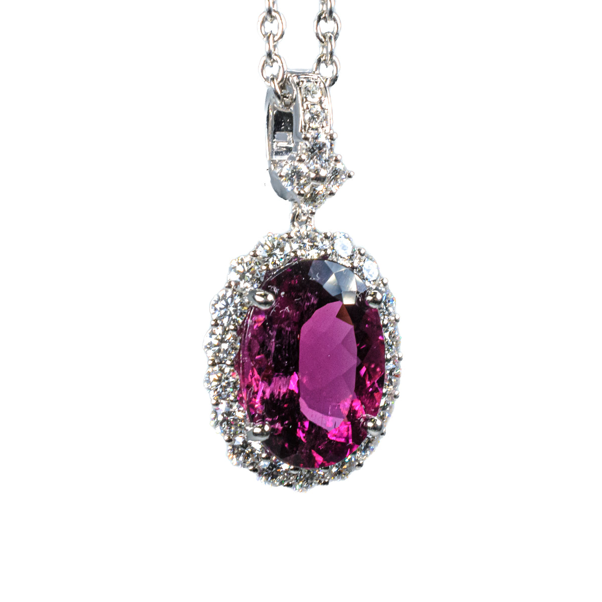 18K White Gold Pink Tourmaline & Diamond Halo Pendant Necklace