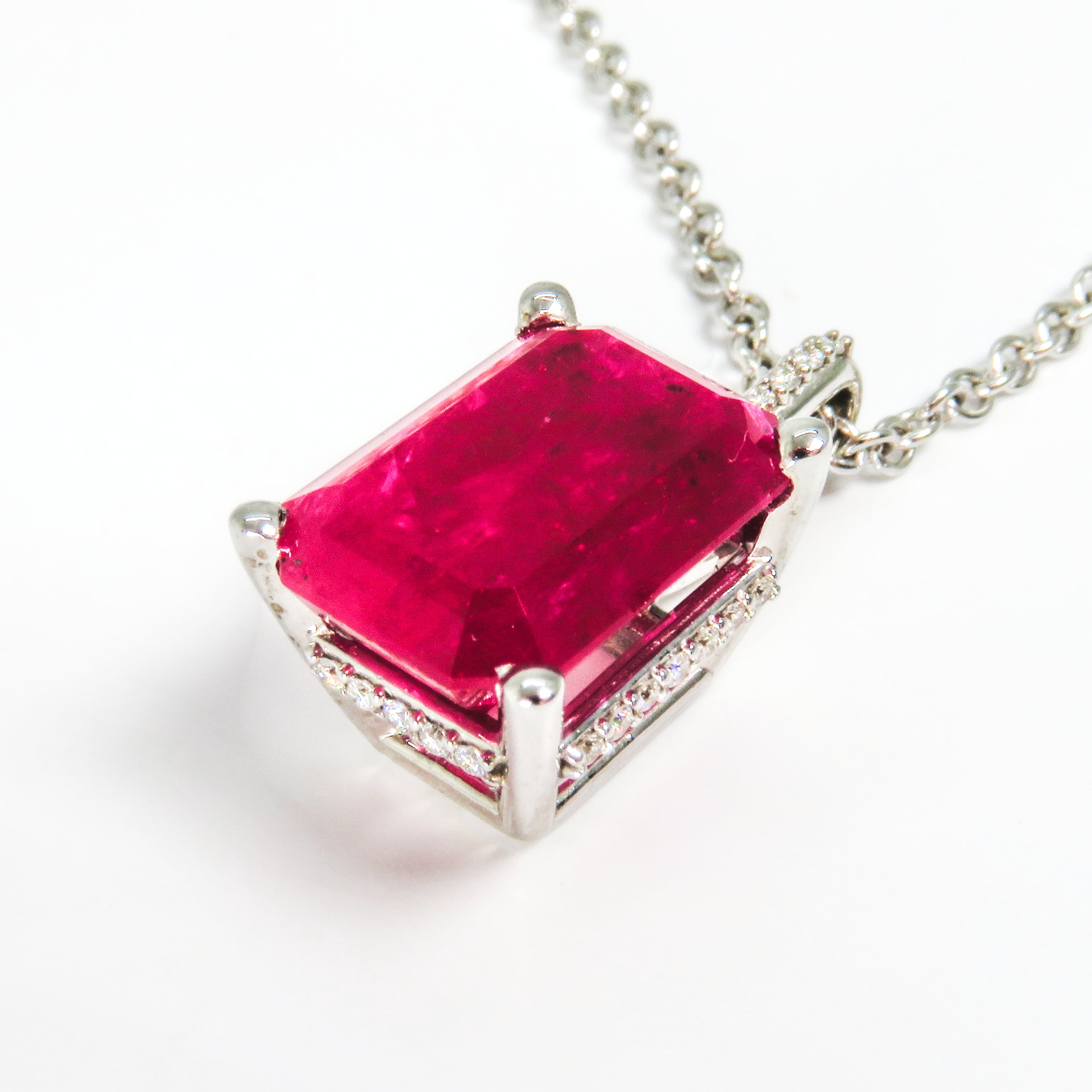 14K White Gold Emerald-Cut Ruby & Diamond Pendant Necklace 5.14ct
