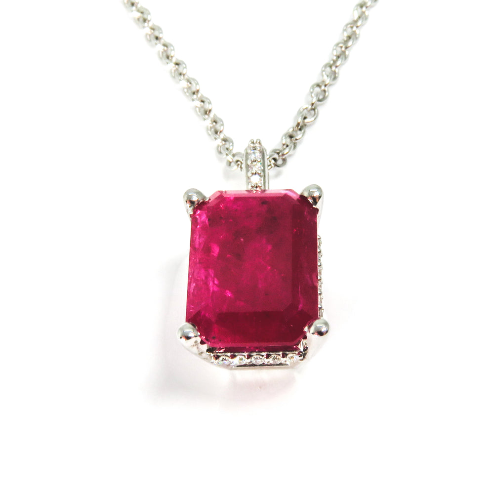 14K White Gold Emerald-Cut Ruby & Diamond Pendant Necklace 5.14ct