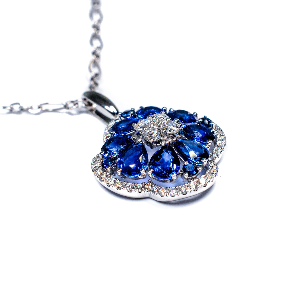 14K White Gold Sapphire & Diamond Cluster Pendant Necklace