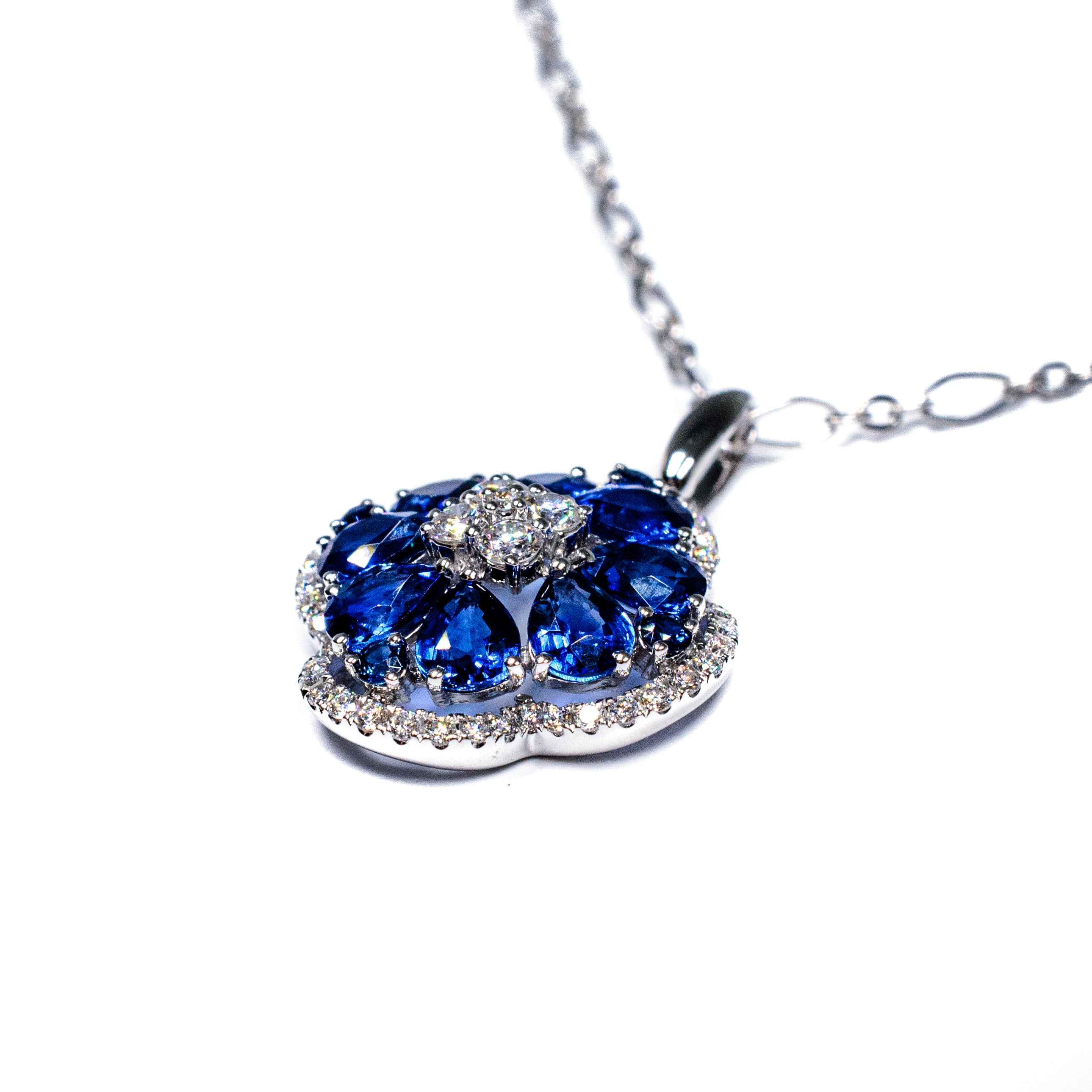 14K White Gold Sapphire & Diamond Cluster Pendant Necklace