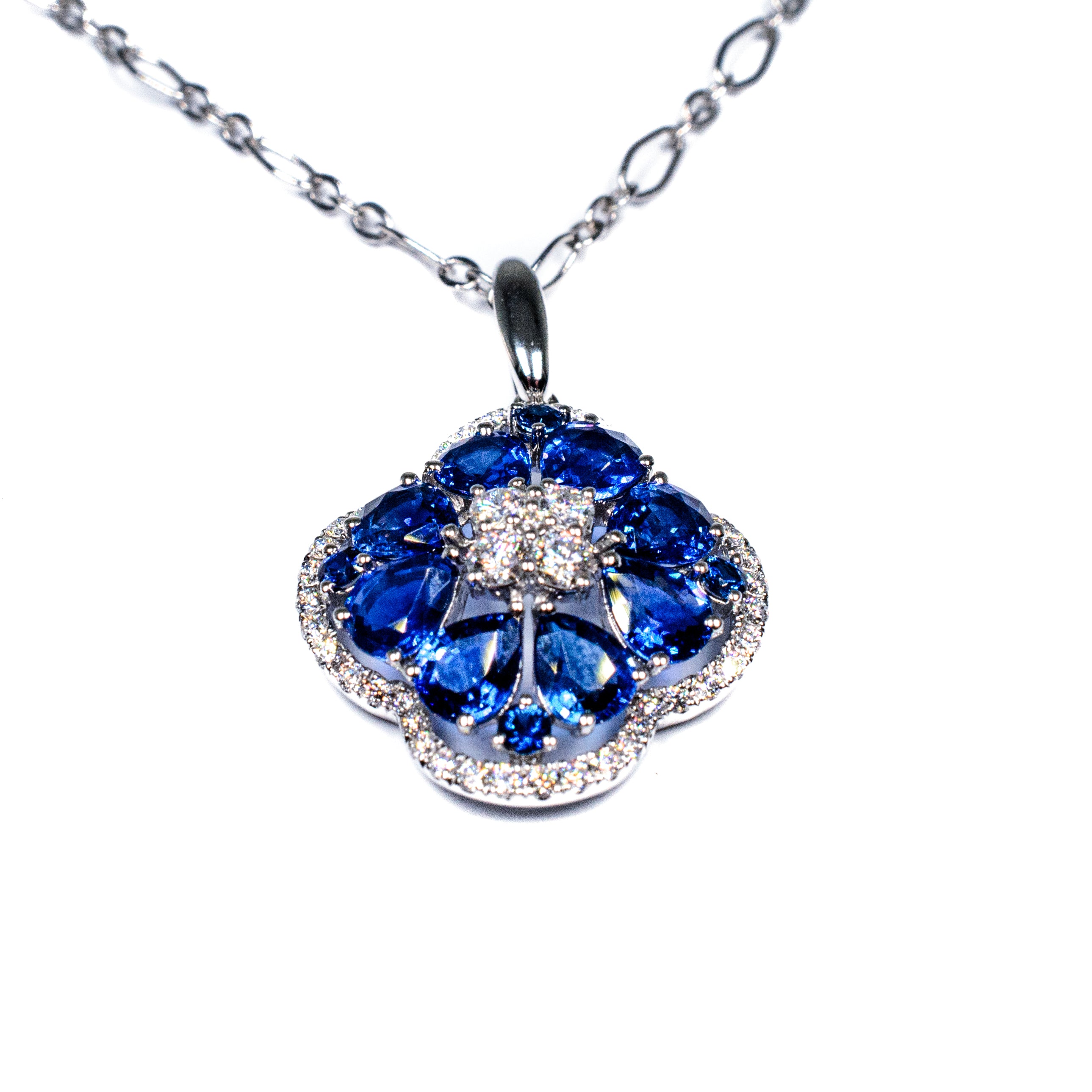 14K White Gold Sapphire & Diamond Cluster Pendant Necklace