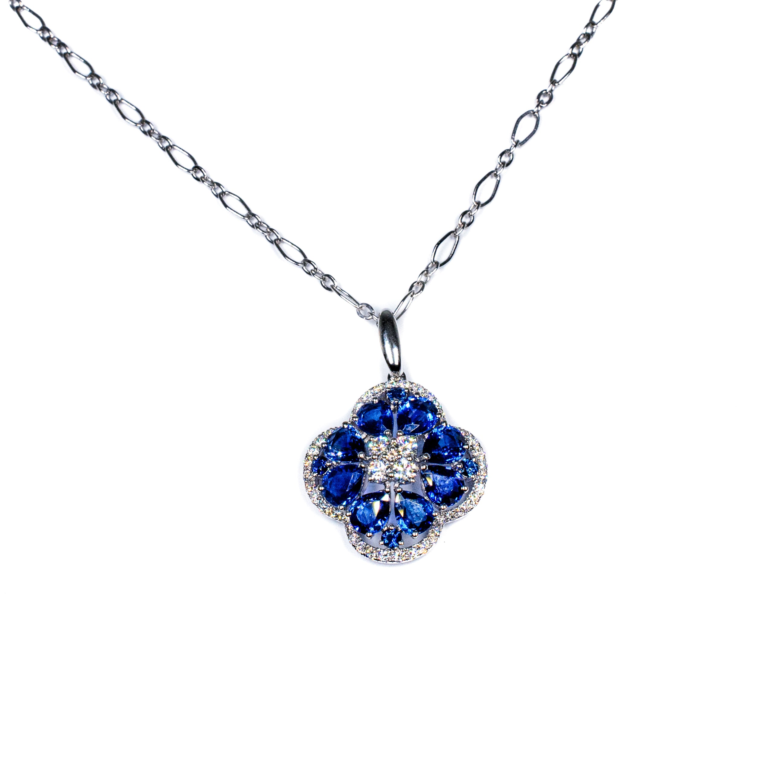 14K White Gold Sapphire & Diamond Cluster Pendant Necklace